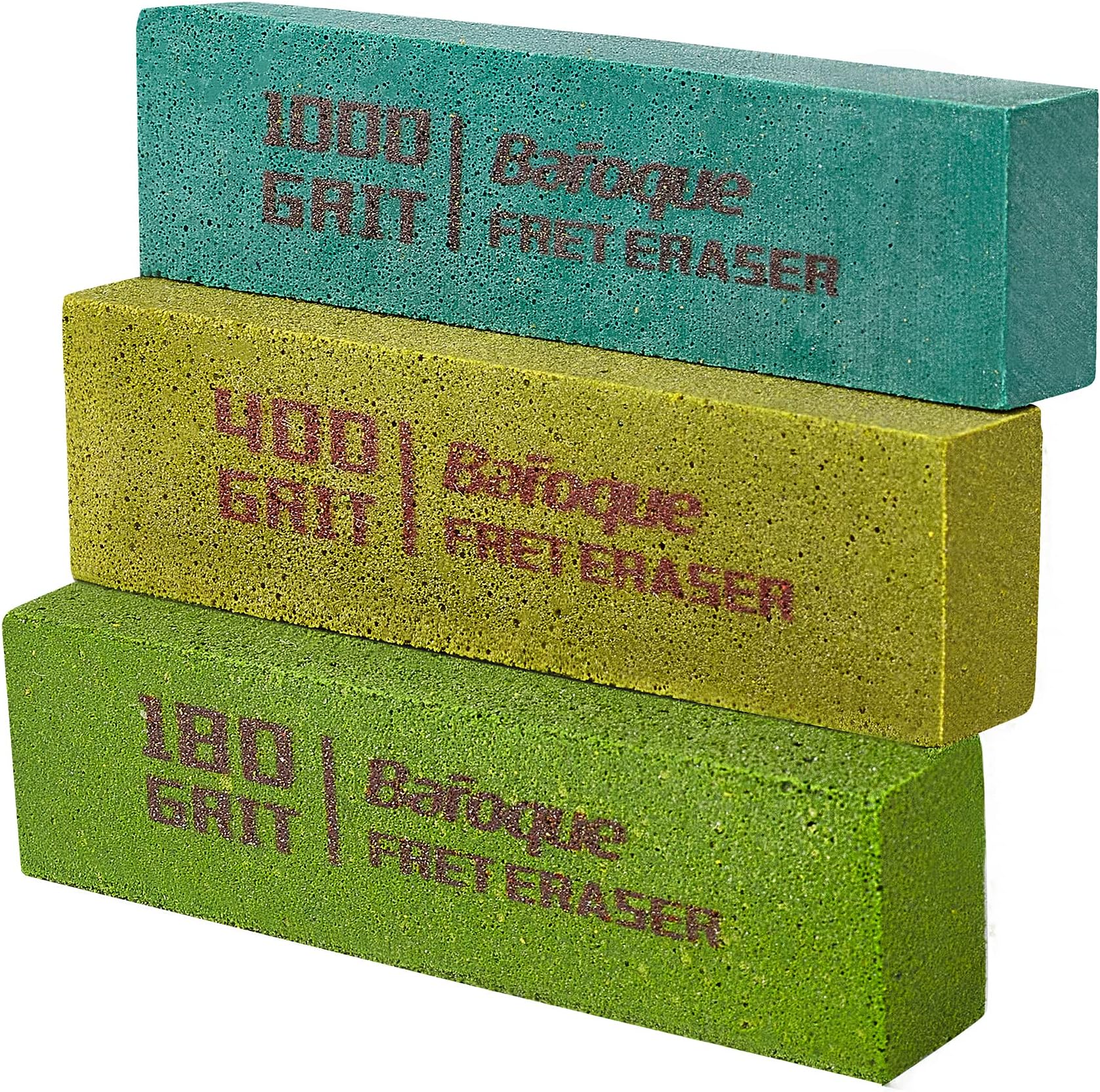 Fret Erasers for Guitar, Fret Polishing Abrasive Rubber Blocks, Fret Polish Kit, Fret Cleaning Tool Set for Fretwire String and Metal, Set of 3 Grits (180/400/1000 Grit)