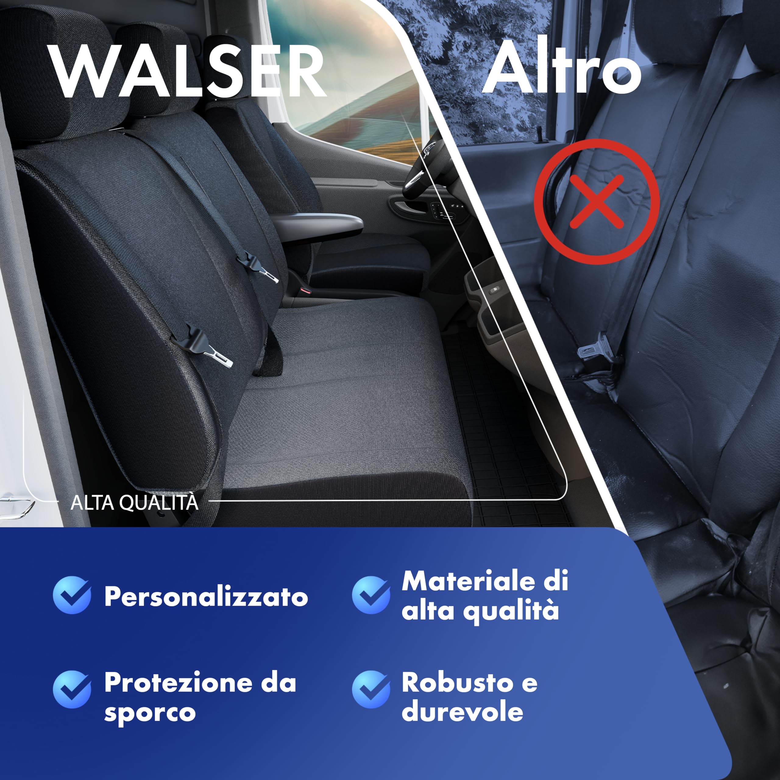 WALSER Transporter coprisedili per auto in tessuto compatibile con Ford Transit, Panca doppia divisibile nella parte anteriore (incavo per tavolo)