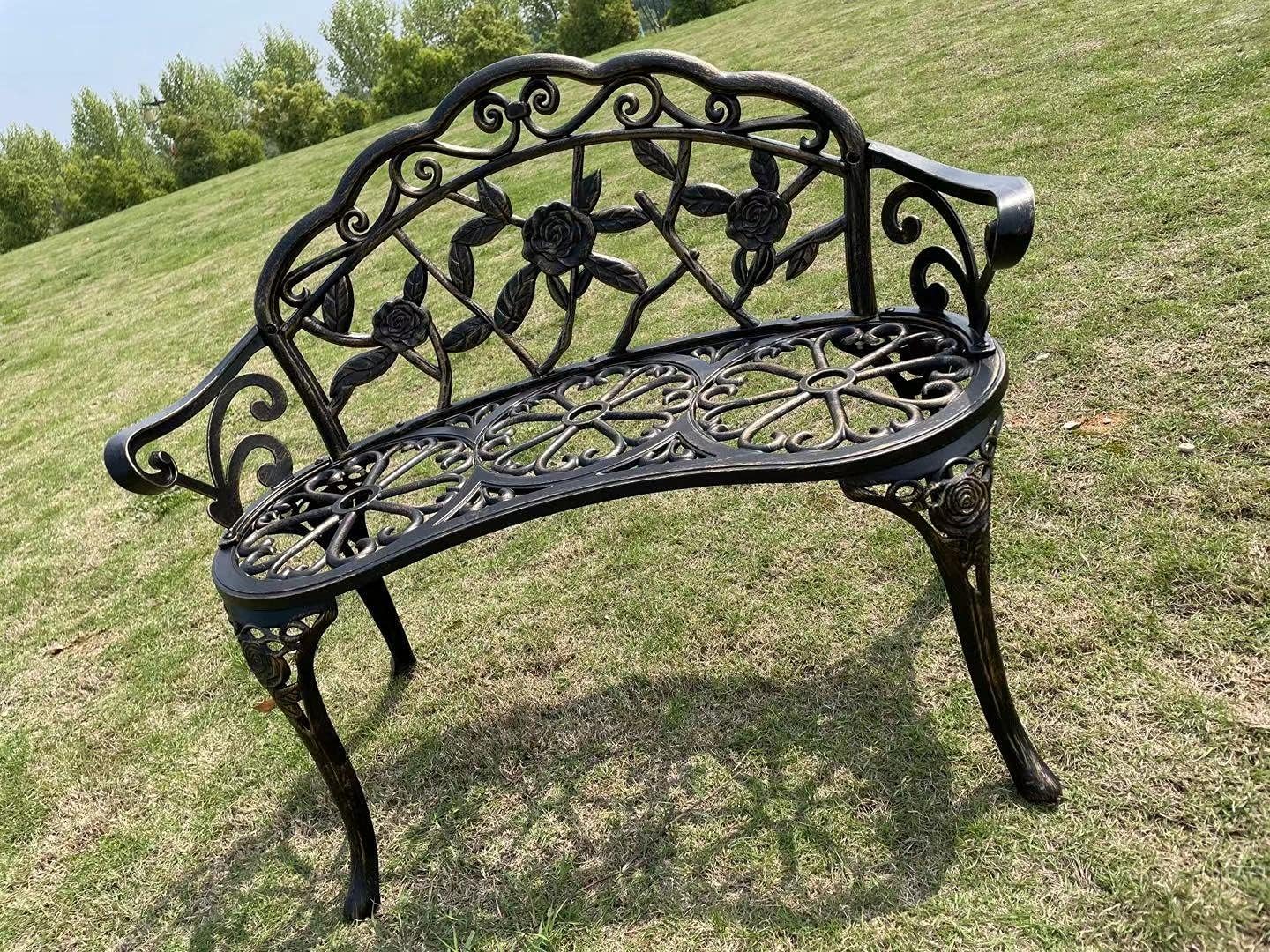 U/D Outdoor Bench Park Garden Bench ，All Chair Anti Rust Cast Aluminum Patio Yard Bench ，Carved Rose Loveseat Bench for Backyard. Porch, Balcony, Lawn. (Without Cushion, Copper)