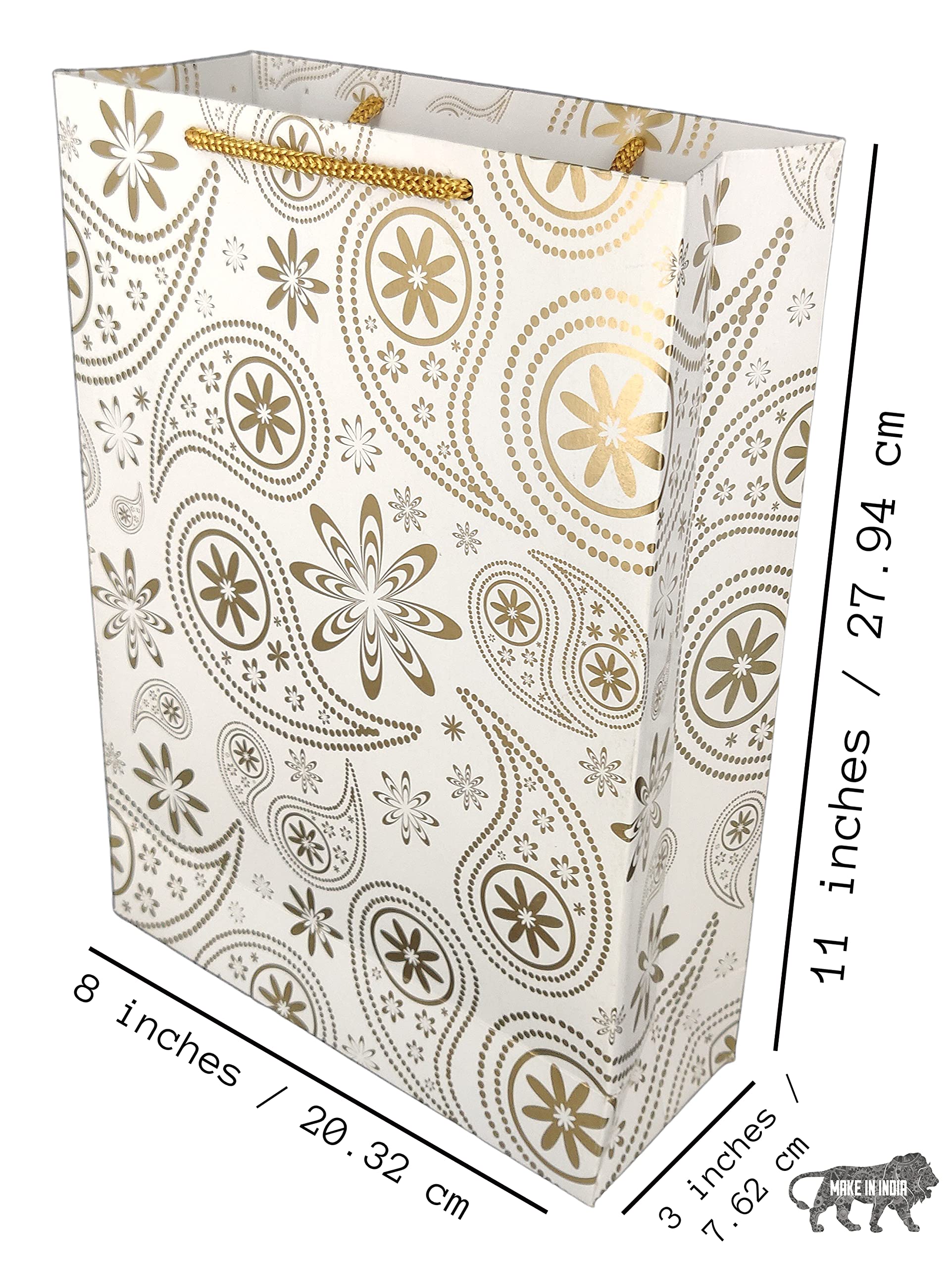 Arrow Paper Products Golden Mehendi Design Paper Gift Bags for Gifting, Weddings, Birthday, Holiday Presents (20.32 x 7.62 x 27.94 cm) Pack of 10 2