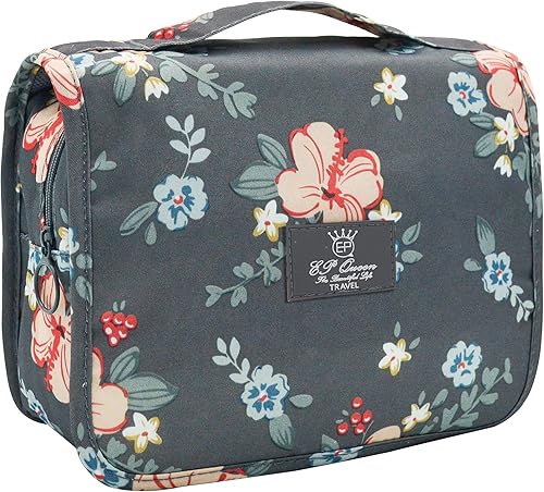 Neceser portátil para viajes, con gancho, impermeable, organizador de maquillaje, cosmetiquero para mujeres y niñas, Flores grises profundas.),
