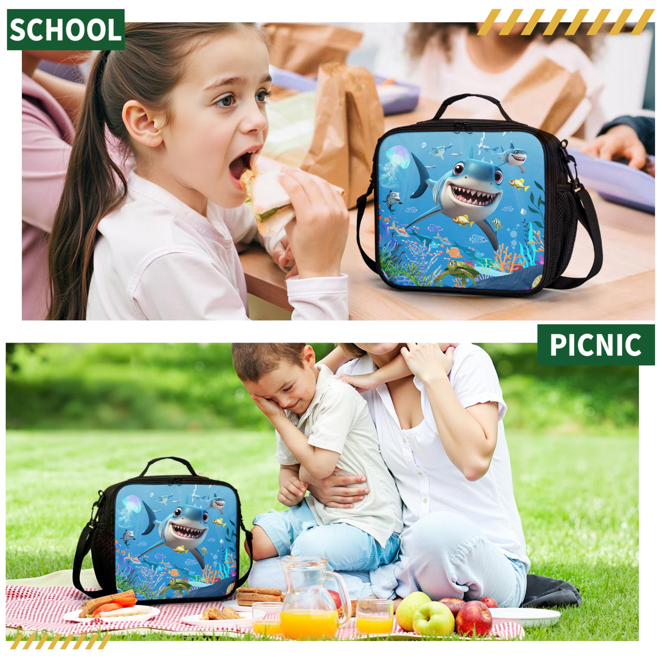Shark Lunchbox für Kinder, Motiv: blauer Ozean, für Jungen und Mädchen, isolierte Lunchtasche mit verstellbarem Riemen, Thermo-Lunchbox für Schule, Picknick, Outdoor