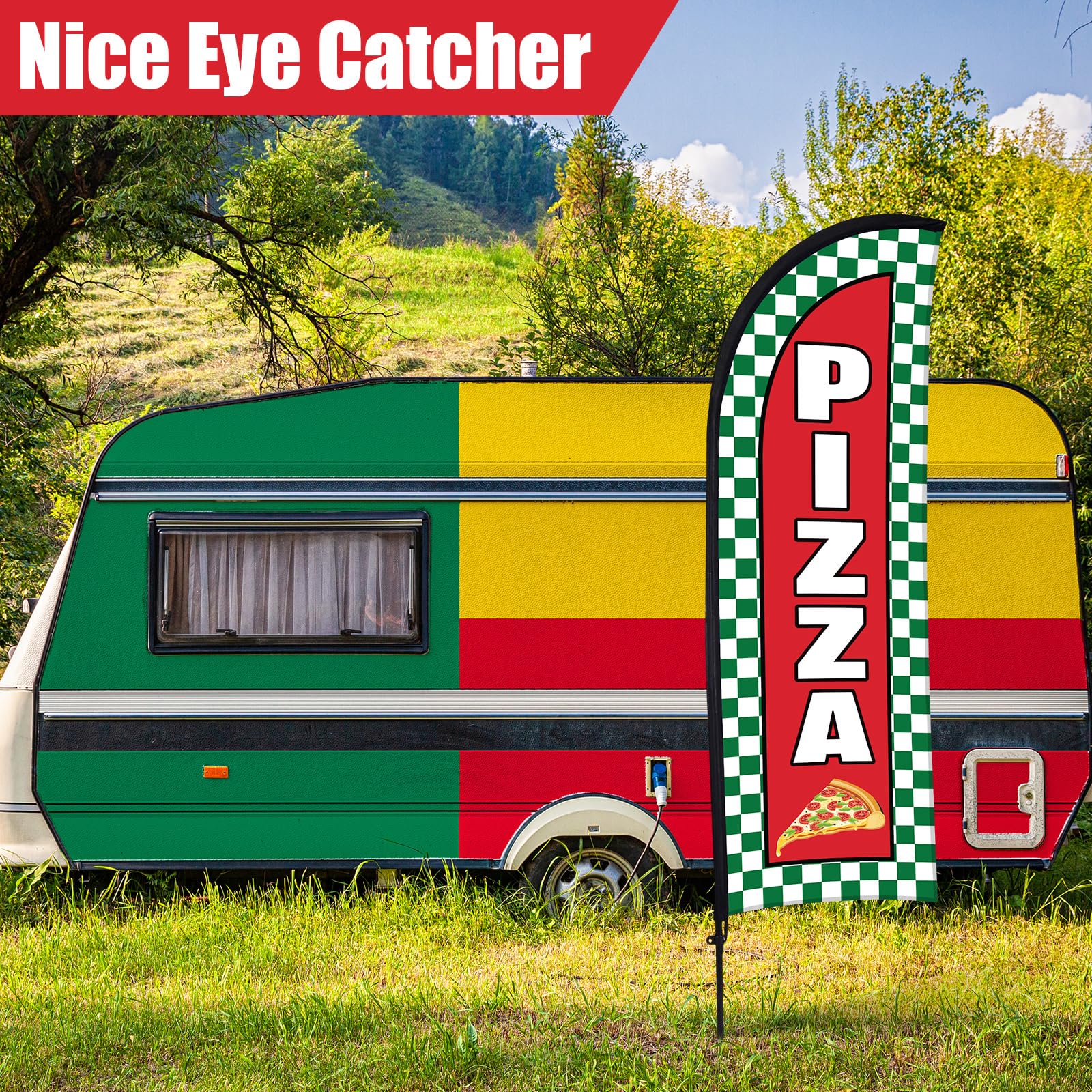 Hahafelt Bandera de plumas de pizza para publicidad empresarial, 7 x 5 pies, letrero de bandera de publicidad de pizza con poste de bandera, bolsa portátil, letreros de barbacoa, juego de banderas
