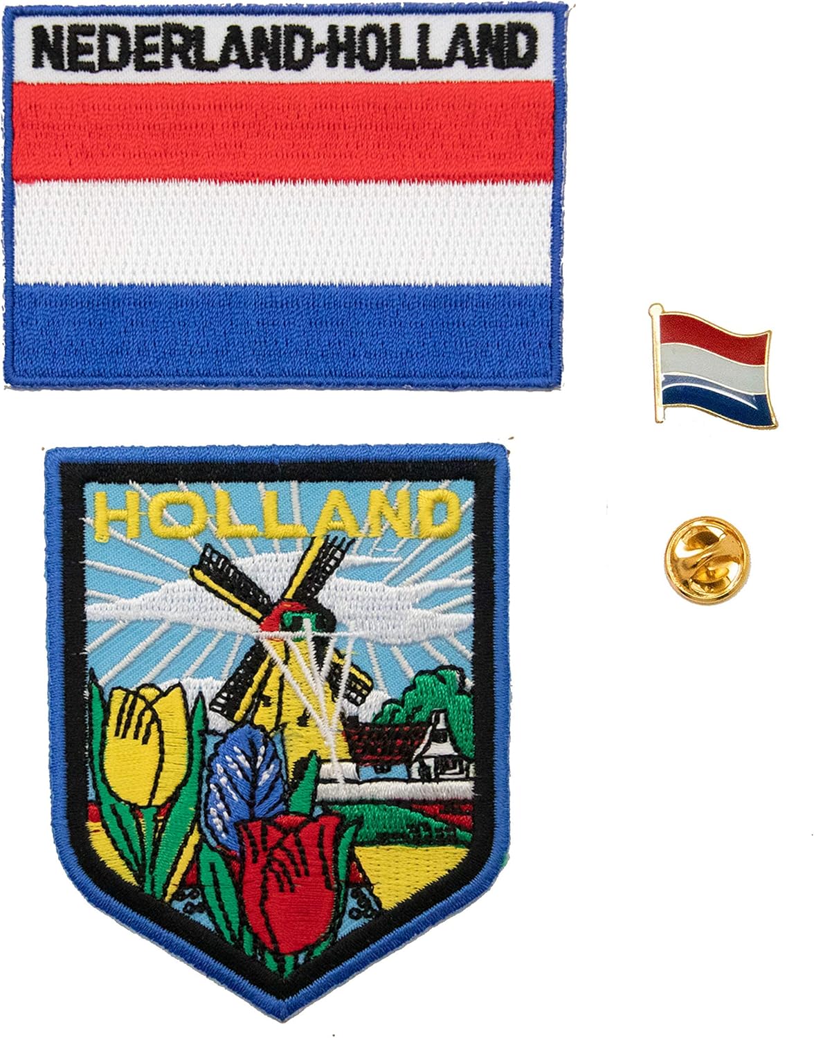 A-ONE 3 PCS Pack- Holland City Patch with Windmill and Tulip + Netherlands Iron-on Patch + Holland Flag Metal Lapel Pin