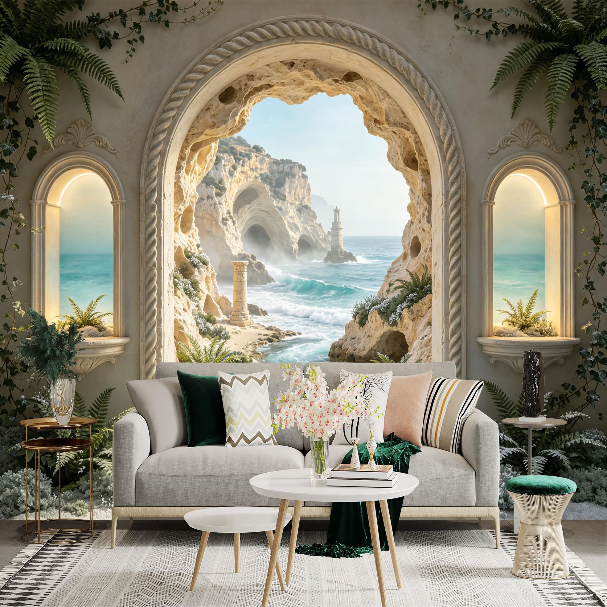 Custom Size Wall Sticker Mural， Mediterranean Coastal Arch Window with Sea View and Lighthouse， for wall Decoration， peelandstick wall Decals.