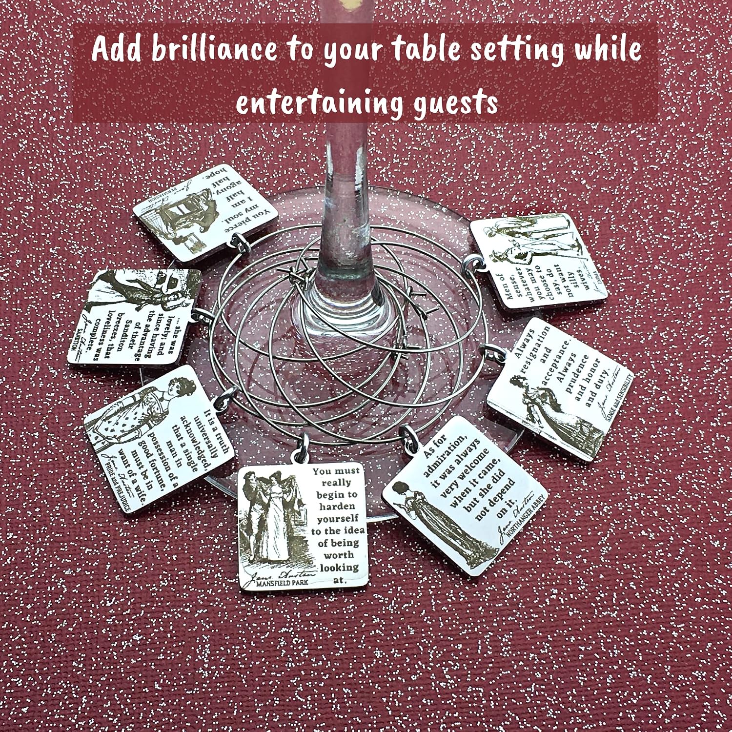 Jane Austen BOOK QUOTES Stainless Steel Wine Ring Hook Hoop Marker Charms
