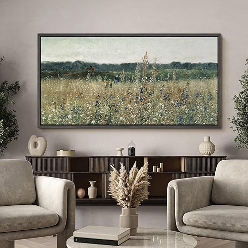 Miniatura 4 de MUDECOR Lienzo enmarcado extra grande para pared, diseño de flores silvestres, prado, campo rústico, paisaje con tonos de tierra, pintura retro