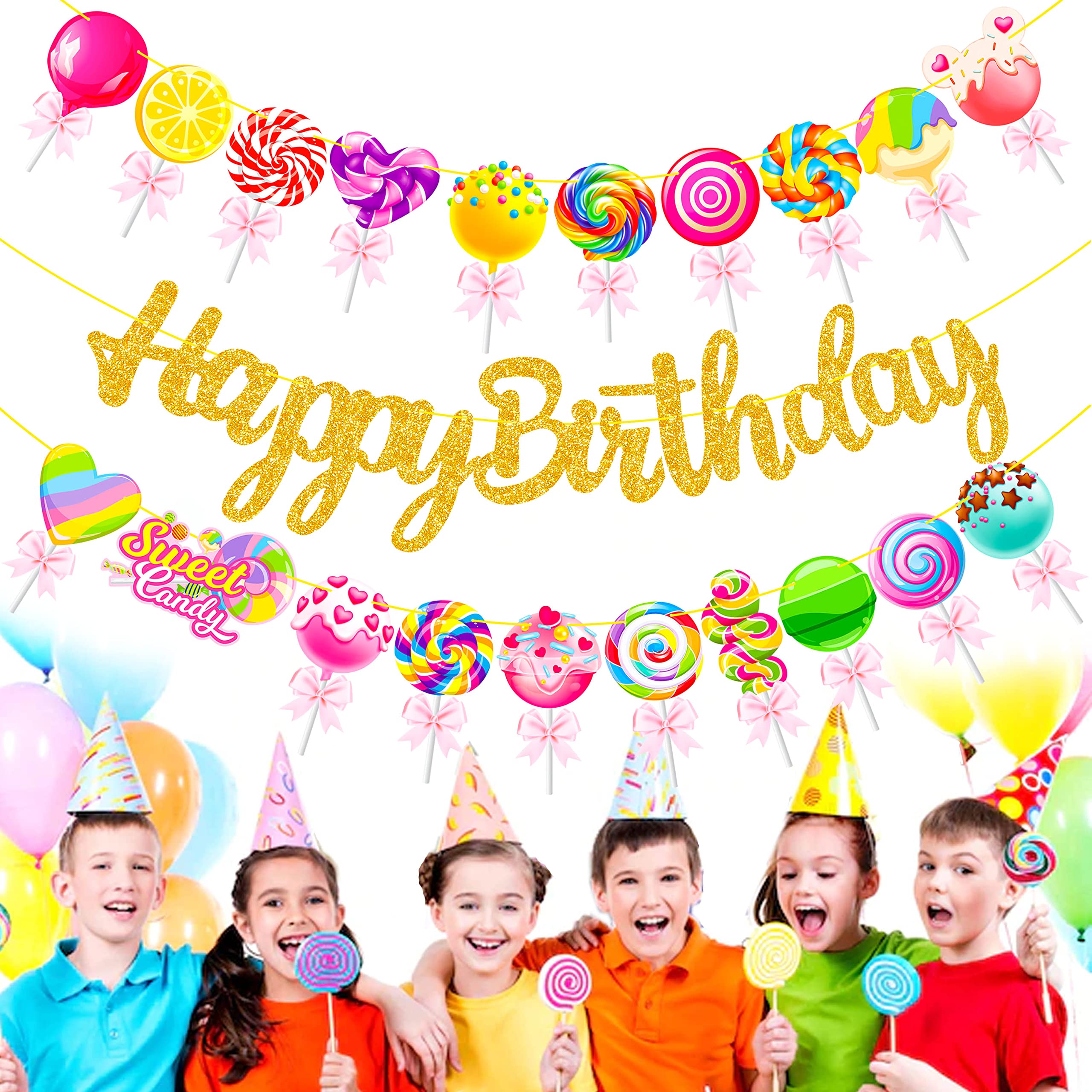 Candyland - Carteles de fiesta de feliz cumpleaños, 3 pancartas recortadas para fiesta de caramelos, decoración de fiesta de piruletas para fiesta de Candyland, suministros de baby shower