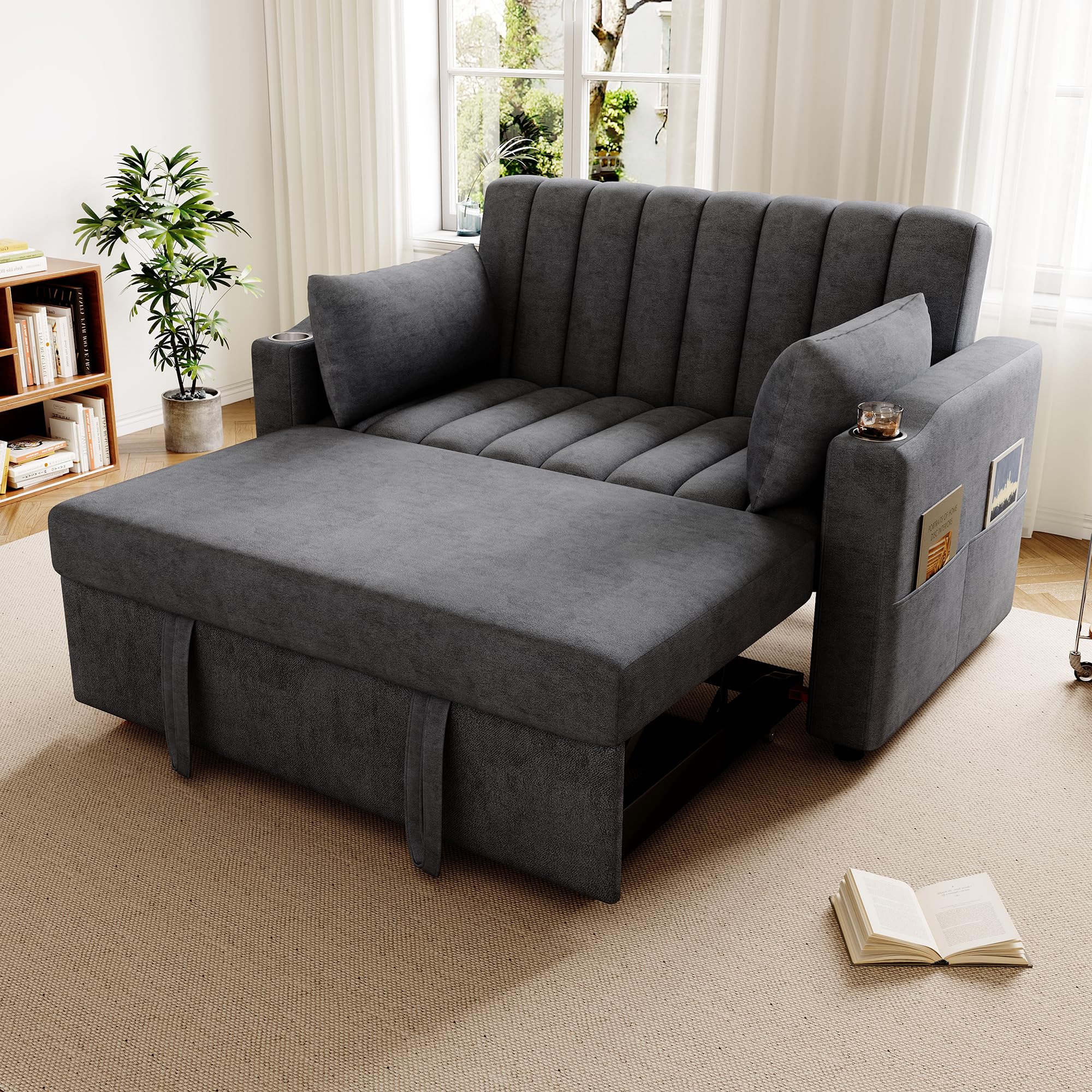 Velvet Folding Sofa Bed with Cup Holders Adjustable Back 2 Pillows and Armrest Storage 2-Seater Sofa Couch for Living Room Bedroom Small Spaces (Grey 3)