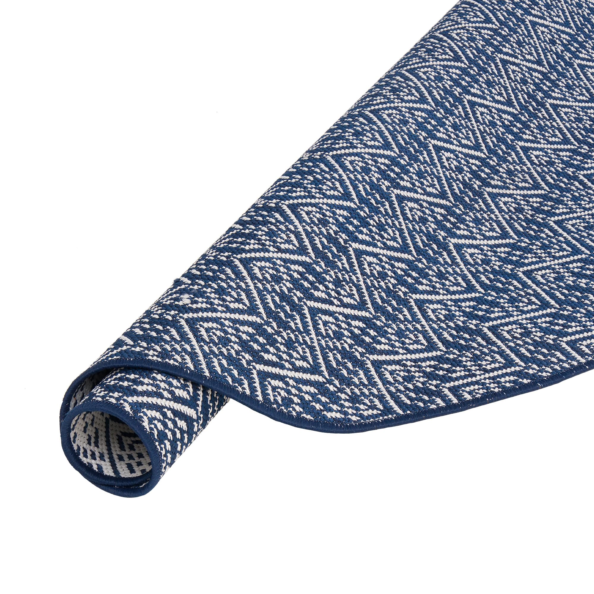 Snapstyle Tapis d'extérieur Cape Cod Bleu foncé Tendance Rond - Réversible, résistant aux UV et imperméable - Parfait pour Les balcons, terrasses et Jardins - Facile à Entretenir et Robuste