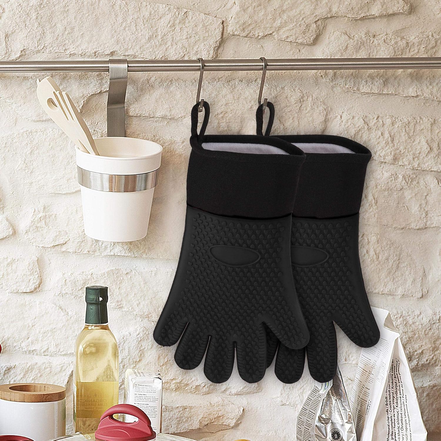 uxcell Silicone Oven Mitts, Heat Resistant Gloves Dutch Pot Holders, Kitchen Hand Protection, Non-Slip Grip Double Oven Gloves, with Hanging Loop, 1 Pair, Black