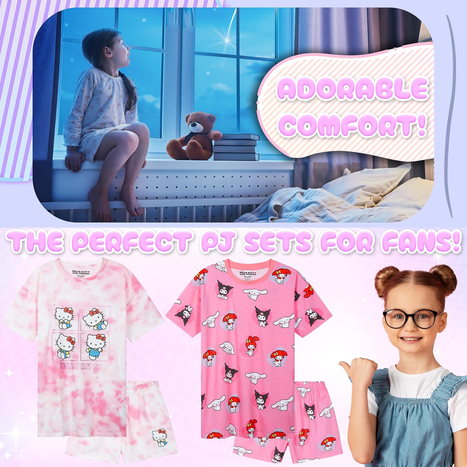 Get Trend Hello Kitty Sanrio 2 Pc Pajama Set for Girls Teens, T Shirt and Shorts Lounge Set Sleepwear, Kawaii Gifts for Girls