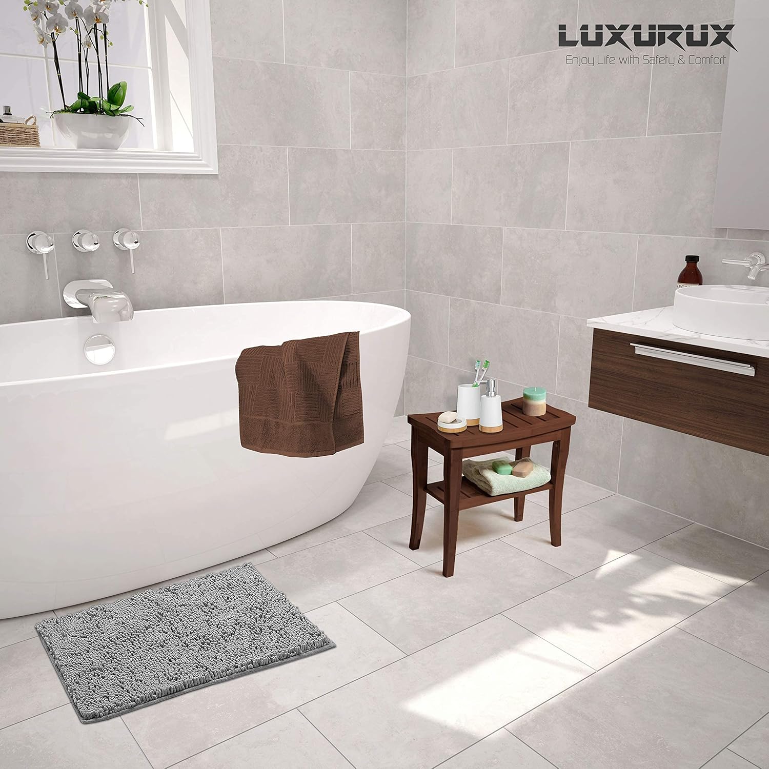 LuxUrux Complete Your Bathroom Décor Bathroom Rugs 3pc Non-Slip Shaggy Chenille Bathroom Mat Set, Includes U-Shaped Contour Toilet Mat, 20 x 30'' and 18 x 20'' Lid Cover