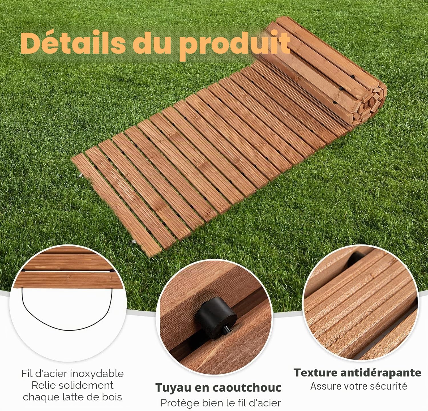 FANTASK Chemin de Jardin déroulable en Bois - 245 cm - Largeur : 55 cm - Chemin Roulant avec Fil d'acier - Marron Clair