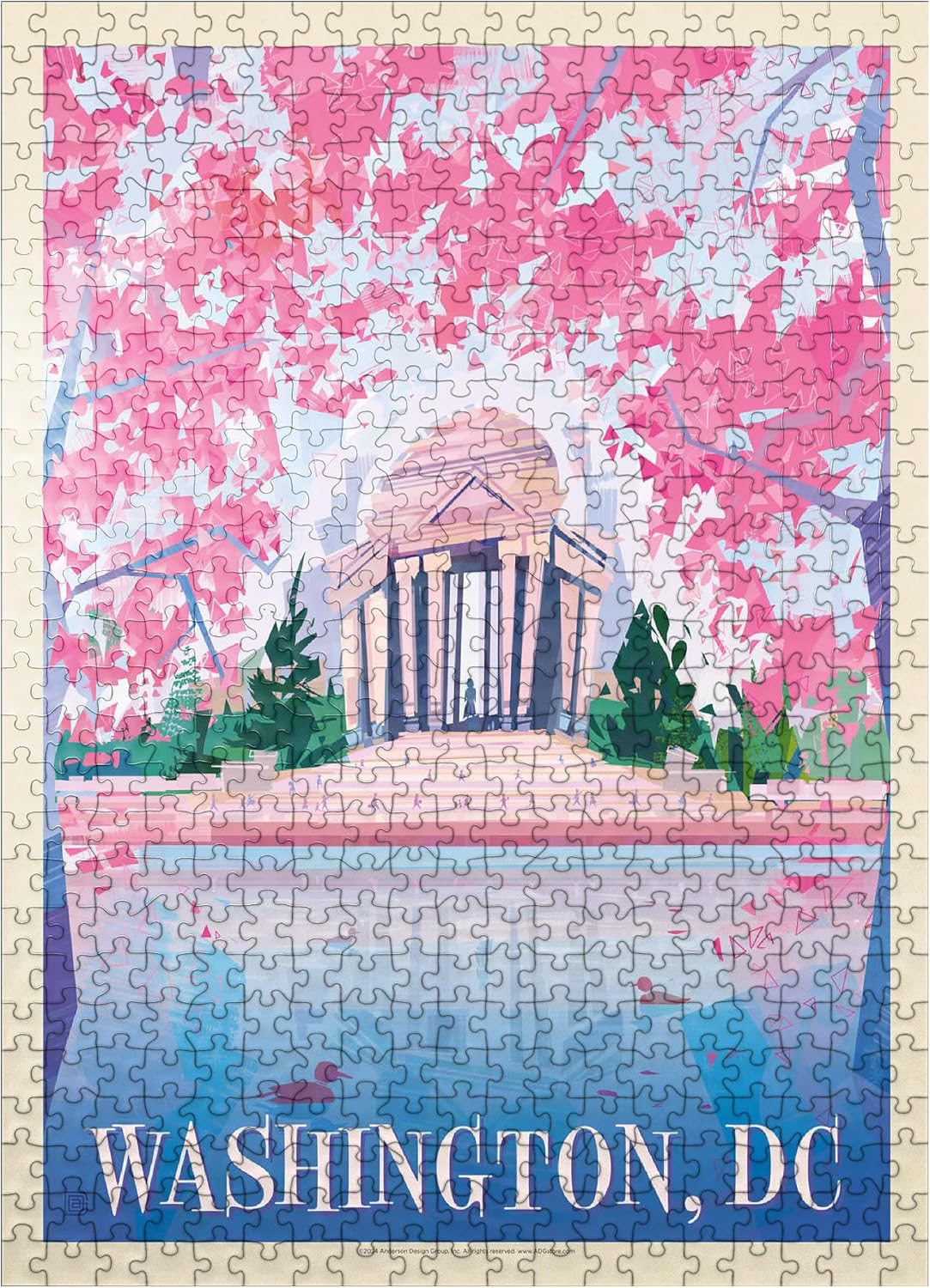 MyPuzzle Washington, DC: Jefferson Memorial in Bloom (Mod Design), Vintage Poster - Premium 500 Piece Jigsaw Puzzle for Adults