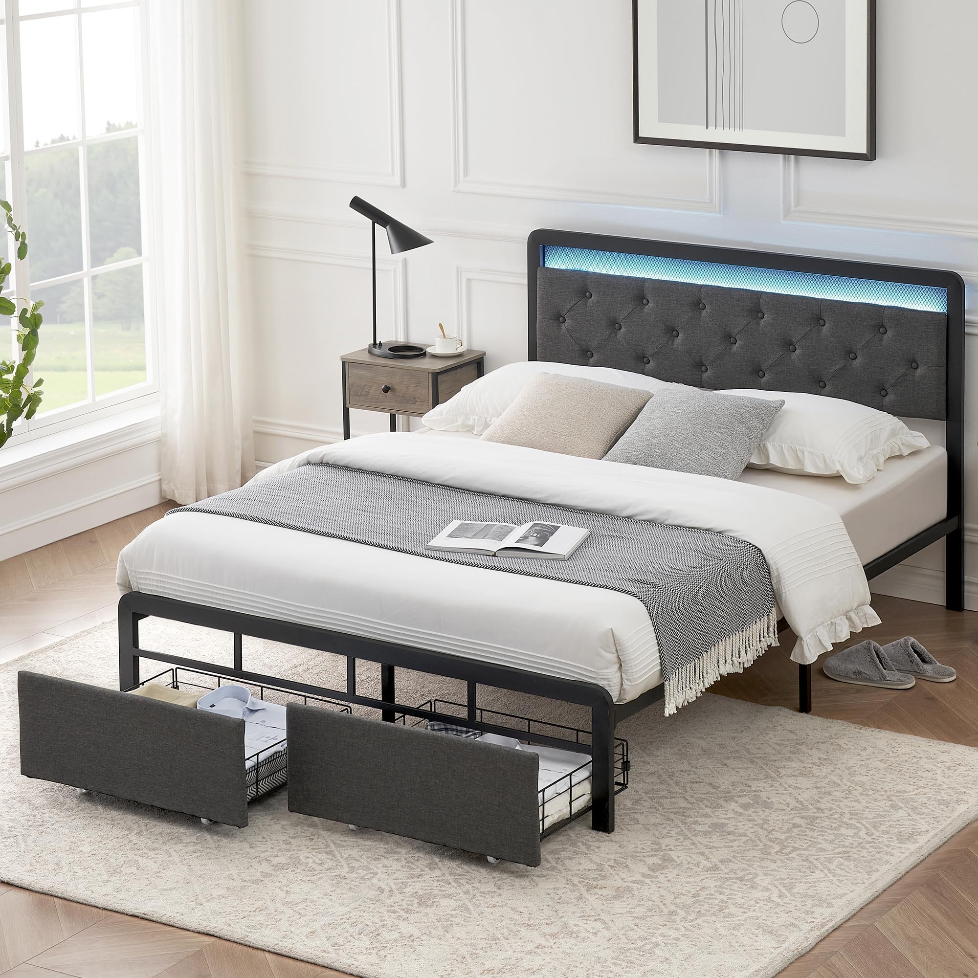 Photo 1 of Full Size Bed Frame with Drawers, Upholstered Platform Full Bed with Storage & LED Lights Headboard, No Box Spring Needed, Easy Assembly, Dark Grey