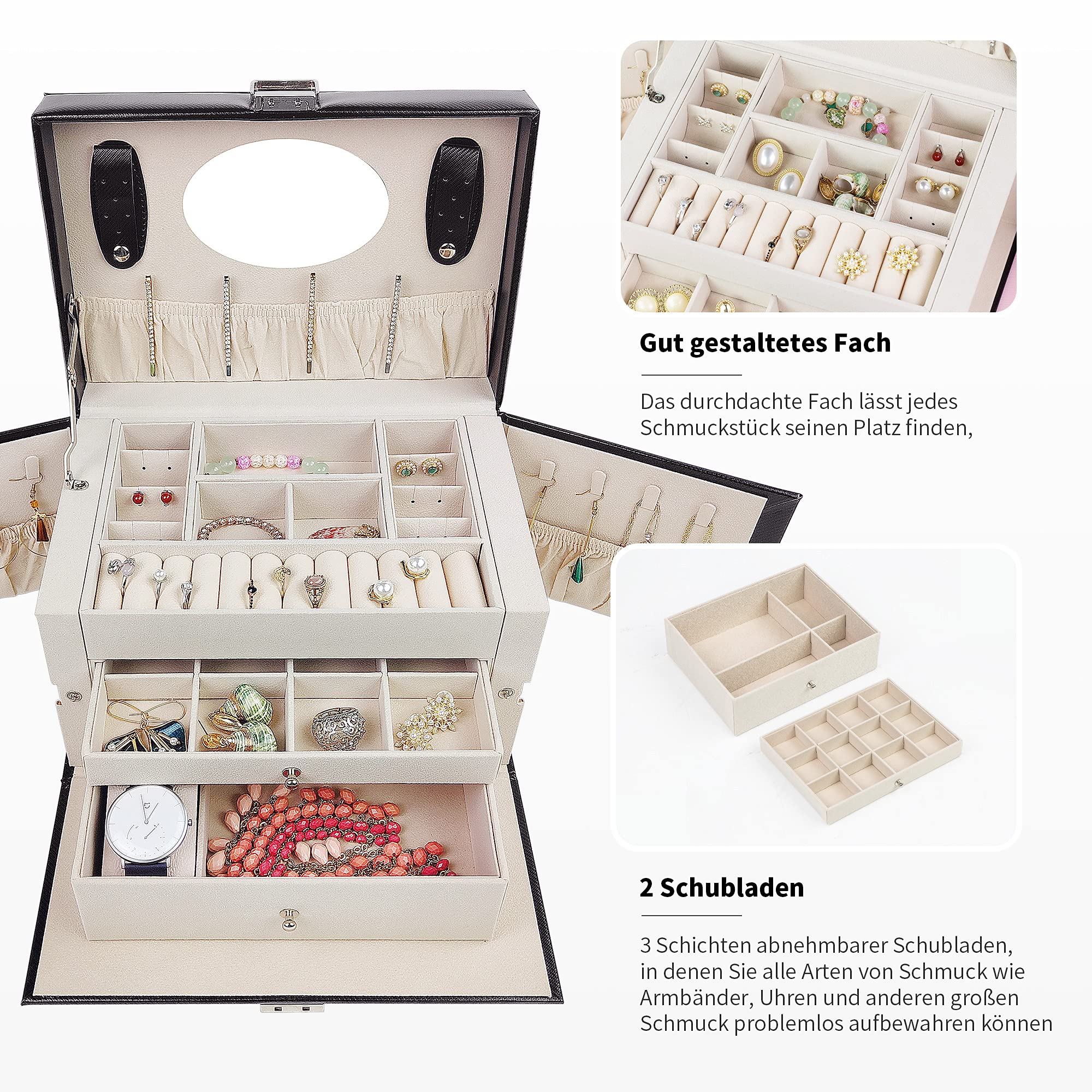 ADEL DREAM Portagioielli con 2 Cassetti Organizer per Gioielli richiudibile con Specchio Custodia da Viaggio Rimovibile per Anelli Bracciali Orecchini Fodera in Velluto Nero