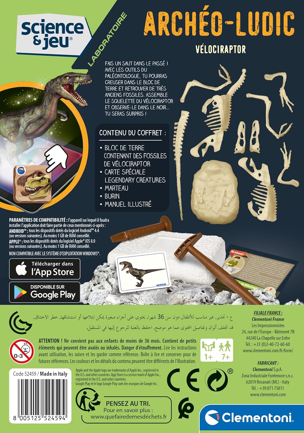 Clementoni Dinosaur Kit - Velociraptor Skeleton Glows in Dark - Age 7+ - Multicolored