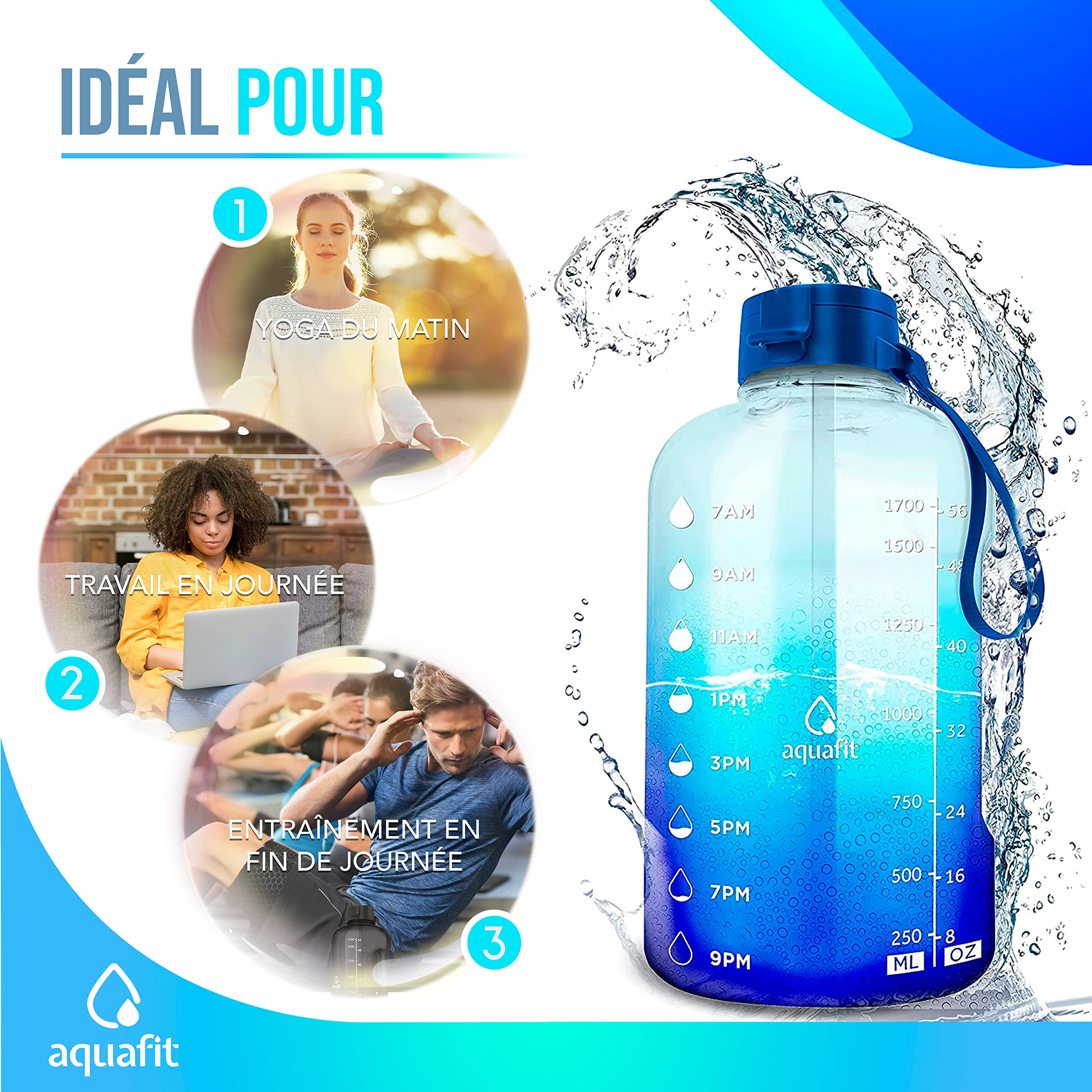 AQUAFIT Gourde 2l (2300 ml) avec Paille - Gourde graduée pour 1 Journee - Gourde Motivation - Bouteille d Eau Motivante avec Poignée - Idéale pour Transporter