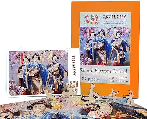 Miniatura 2 de Rompecabezas de madera para adultos, piezas de forma única, fabricado en Estados Unidos por FoxSmartBox - 437 piezas - Festival de flores de Sakura
