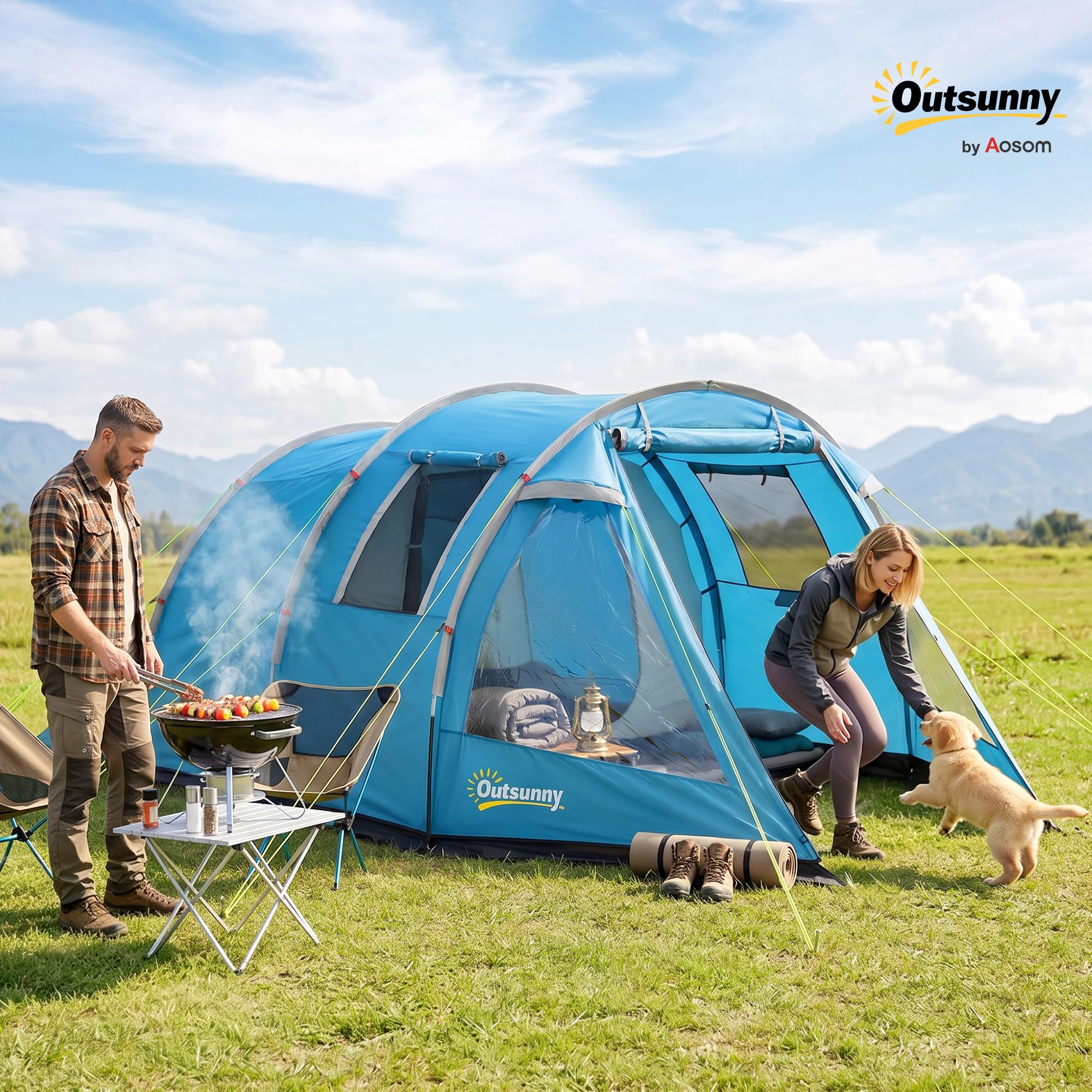 Outsunny Campingzelt für 4 Personen leicht, stabil Familienzelt mit Tür Fenster, Packtasche, Tunnelzelt mit 2000mm Wassersäule Zelt für Camping Reise Trekking Garten