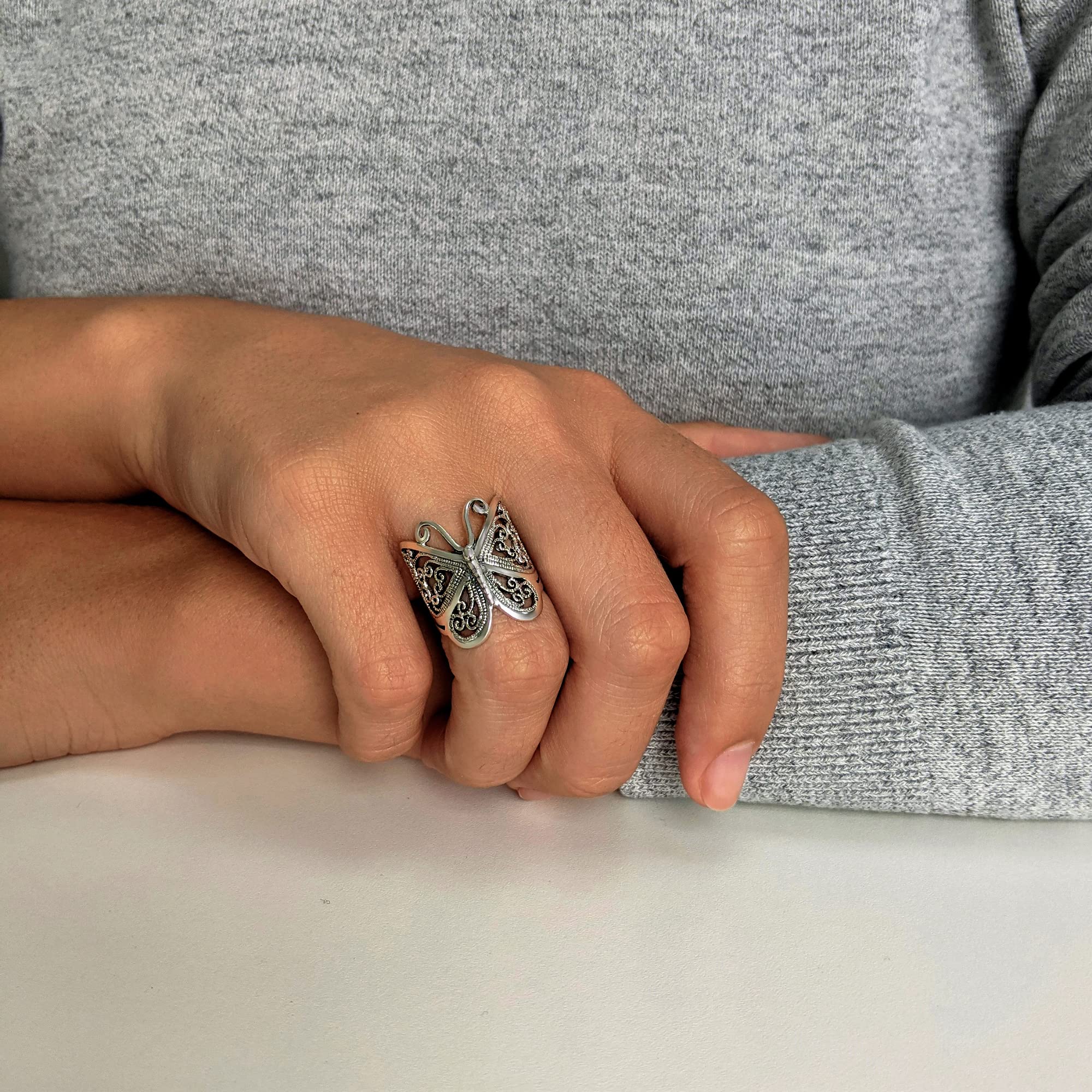 Silverly Anillo Ancho Plata de Ley Mariposa Filigrana | Anillos Plata 925 Pulgar Mujer | Joyas Dama Honor Estilo Vintage | Anillos Ornamentados Inspirados Naturaleza Ella | Regalo Hija