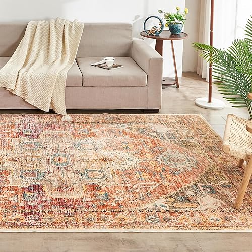 Miniatura 8 de INGEROOM Alfombra de área de 8 x 10 pies, lavable, estilo bohemio, antideslizante, no desprende pelusa, alfombra vintage de lana sintética, 8 x 10