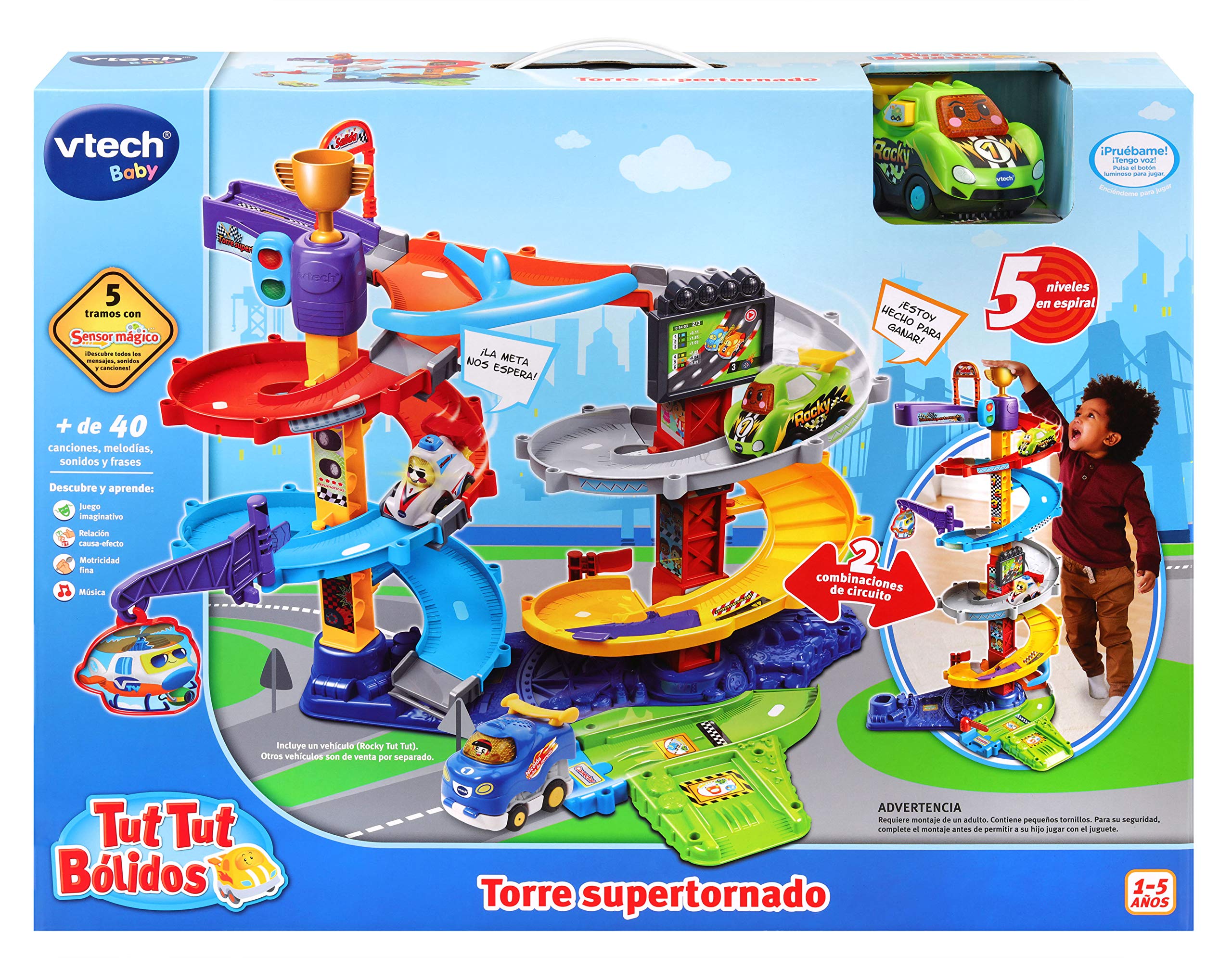 VTech 3480-535022 Supertornado Tower TutTut Bólidos, obwód garażowy, tory łączące, różne wycieczki, spirala - zawiera Rocky Superbolid Vehicle