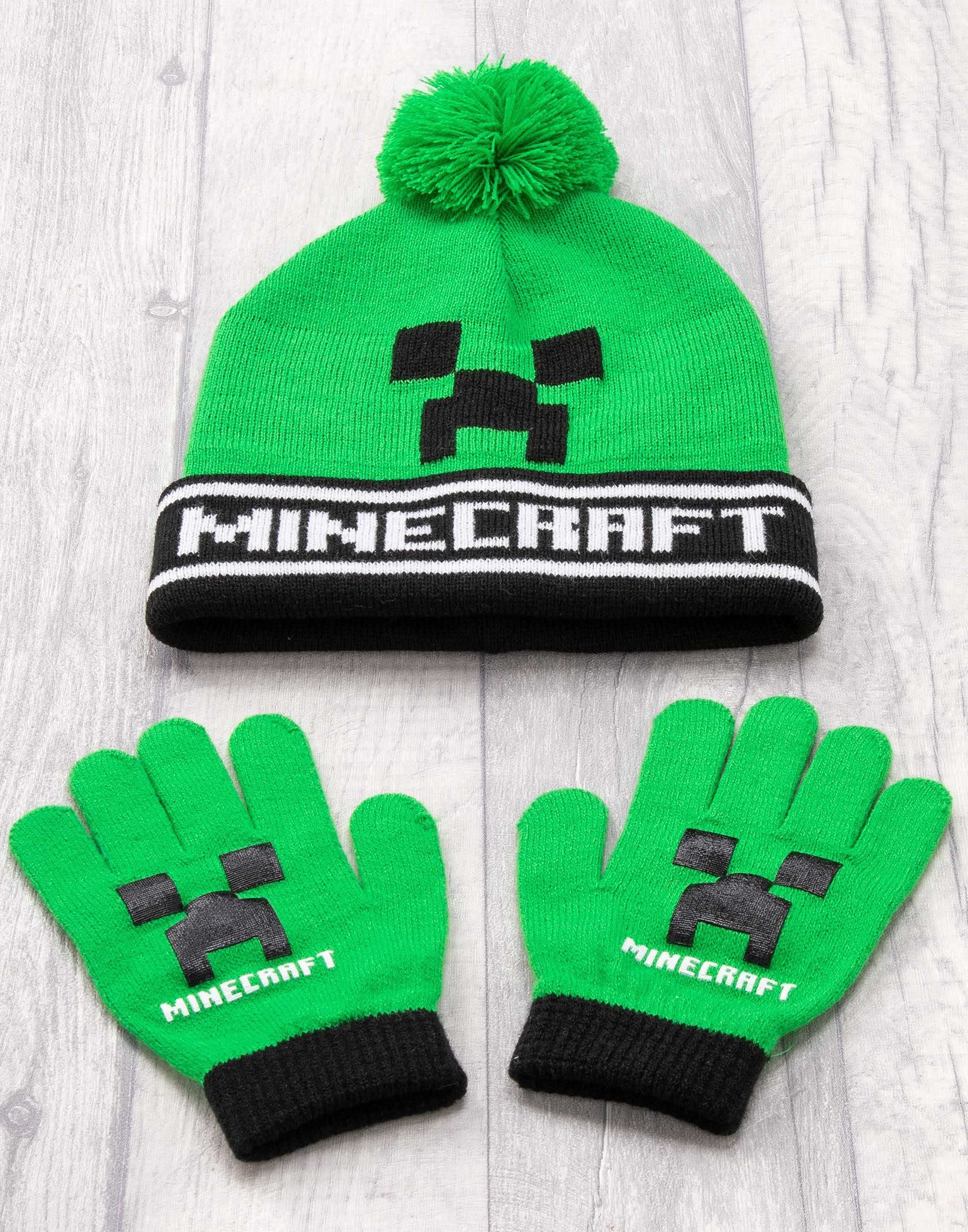Minecraft Kids Bobble Hat Gloves Set Creeper - Gorro de punto para gamer, talla única, Negro, talla única