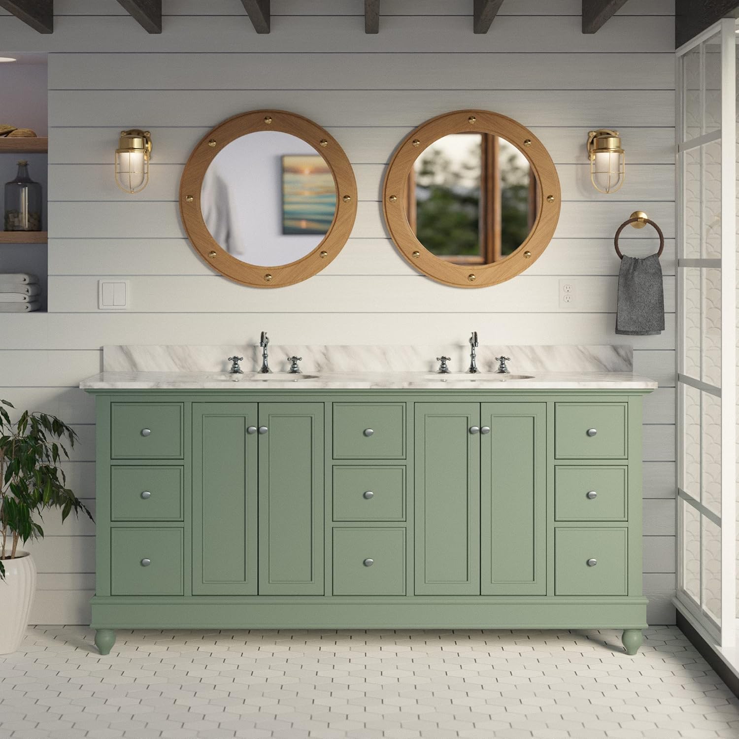 Kitchen Bath Collection Bella 72-inch Double Bathroom Vanity (Carrara/Sage Green): Includes Sage Green Cabinet with Authentic Italian Carrara Marble Countertop and White Ceramic Sinks