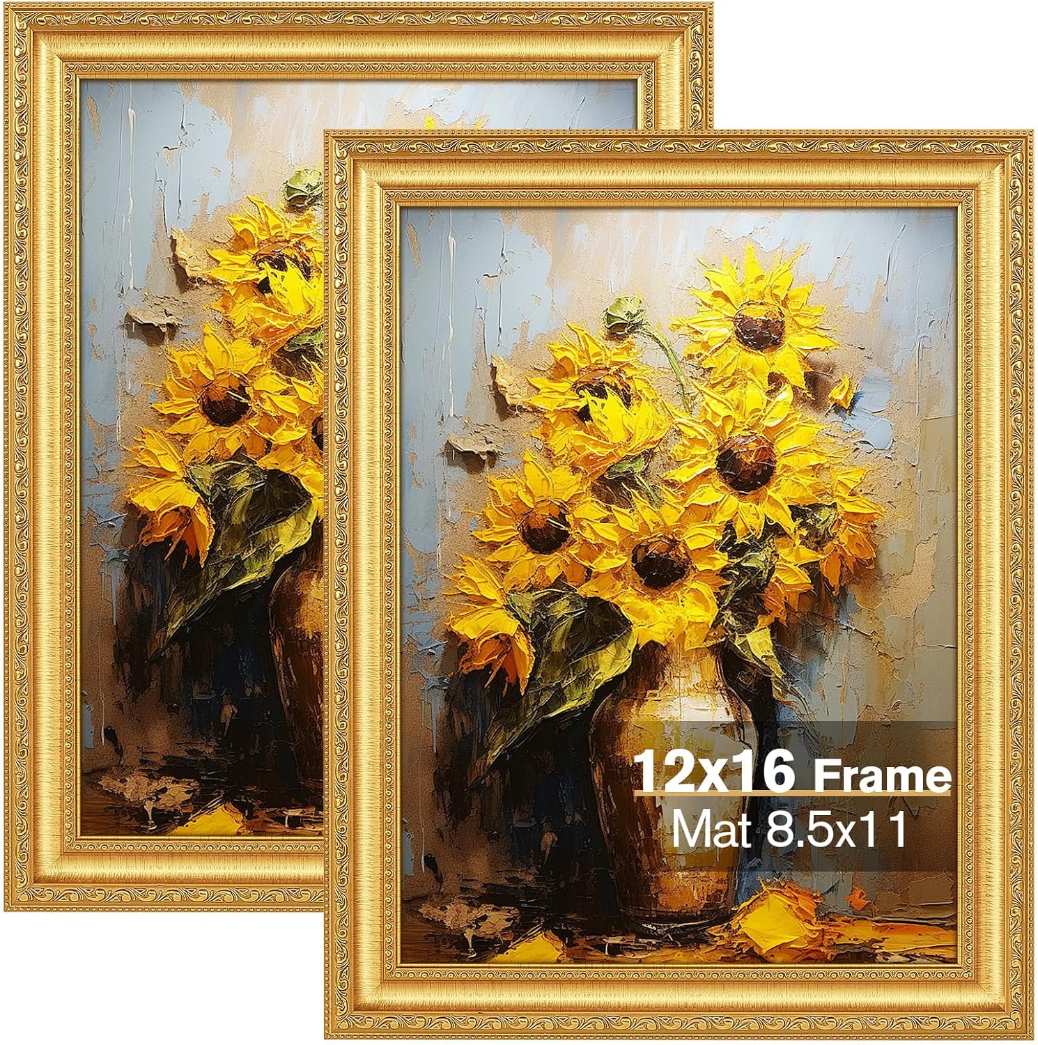 12x16 Gold Picture Frames Set of 2, Ornate Vintage 12 x 16 Photo Frames for Wall Decor or Tabletop Display, 16x12 Gold Frames with Real Glass, Display 8.5x11 Pictures with Mat or 12x16 without Mat for Antique Déco Gold Picture Frame 12x16