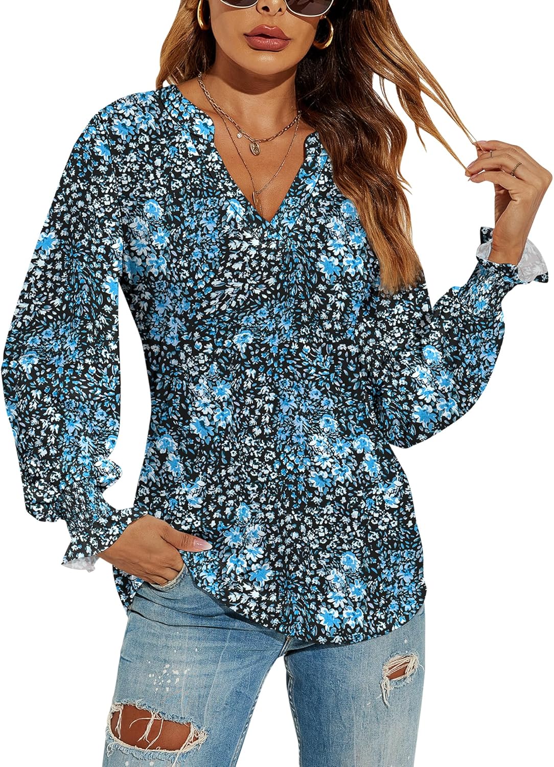 Romanstii Women's Casual V-Neck T-Shirts Loose Puff Long Sleeve Tops Tunic Blouses