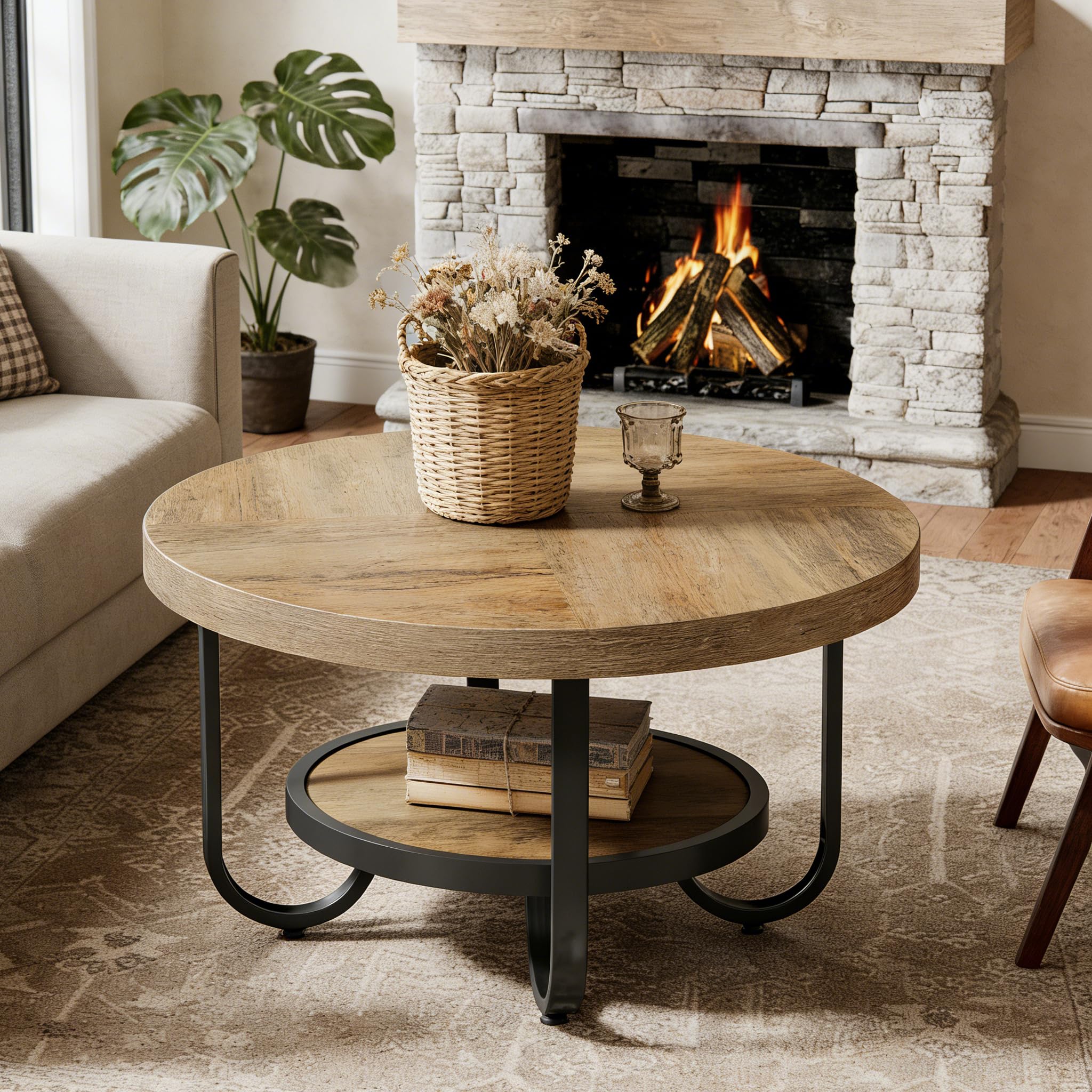 LITTLE TREE Runder Couchtisch Industrial, 2-stöckiger Wohnzimmertisch mit Ablagefach – 79 cm Durchmesser, Braun – Stabiler Sofatisch mit gebogenen Metallbeinen für Home Office & Wohnbereich