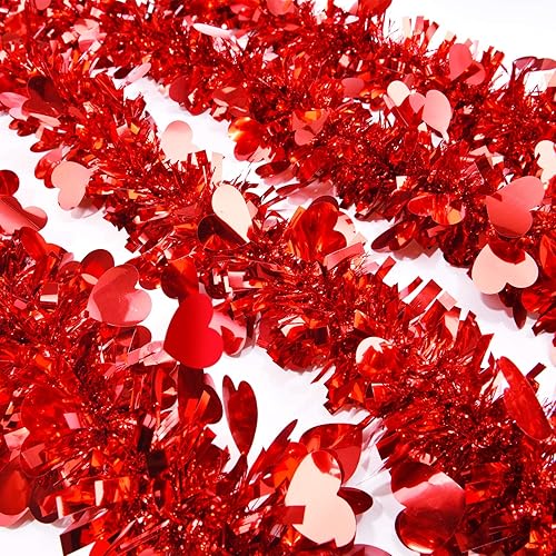 Miniatura 4 de Guirnalda metálica de oropel de corazón de San Valentín de 26.2 pies con adorno de corazón, guirnalda colgante de árbol de San Valentín para el