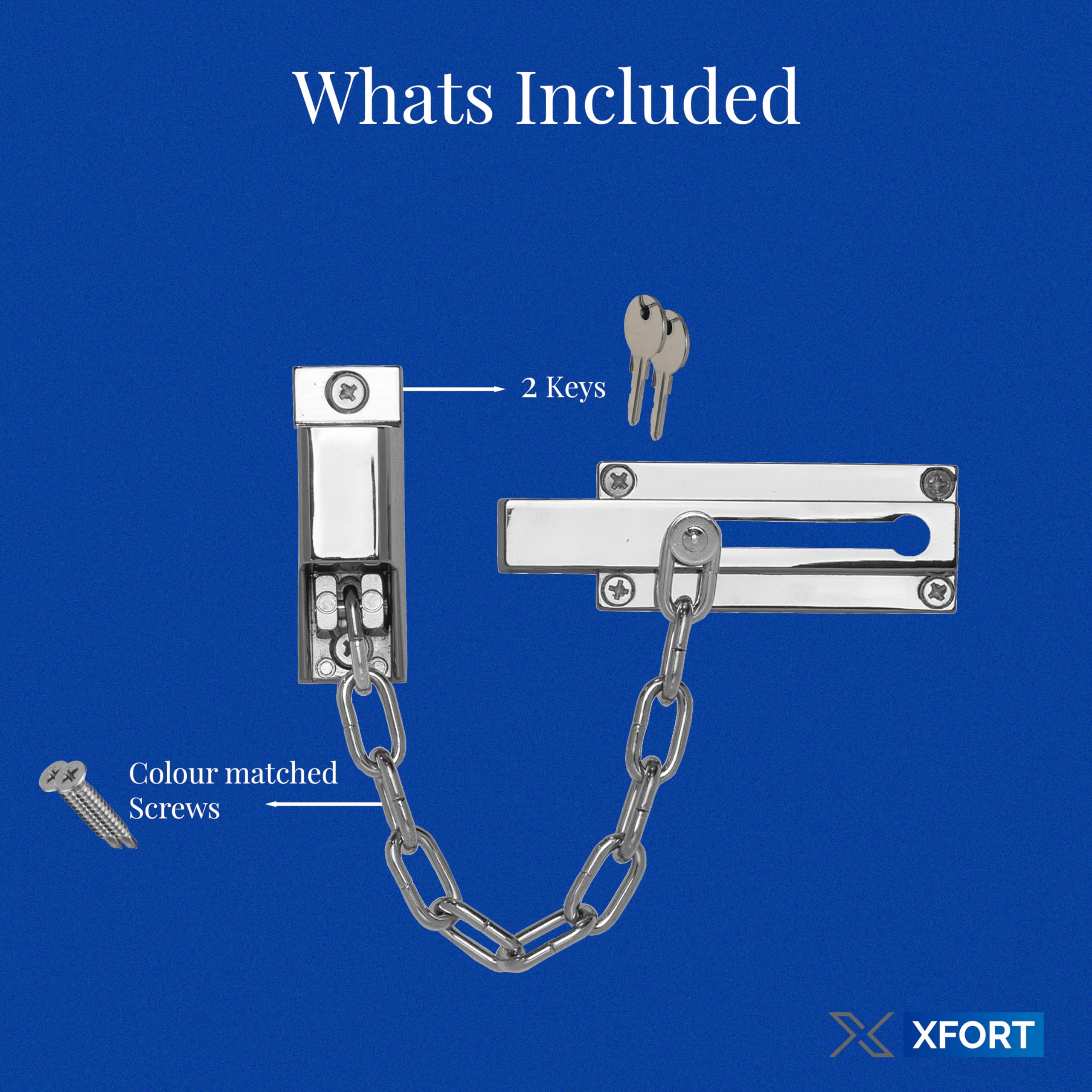 Chaîne de verrouillage de porte XFORT en chrome poli, chaîne de sécurité pour porte avant avec mécanisme de déverrouillage par clé externe.