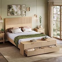 LINSY Storage Bed Frame Queen Bedframe with Drawers, Farmhouse Bed Frame Queen-Size with Headboard and Footboard Bench, Tall Bed Frames Wooden Platform Beds with Storage, No Box Spring, Antique White