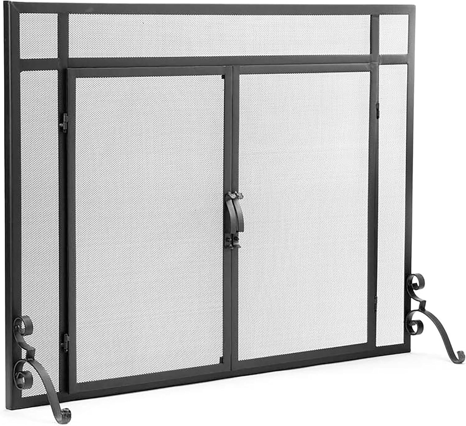 Plow & Hearth Metal Fireplace Screen Mesh Black | 44" W x 33" H | Dual Magnetic Hinged Doors | Spark Guard Cover | Stand Alone Wrought Iron Panel Fire Place Cover