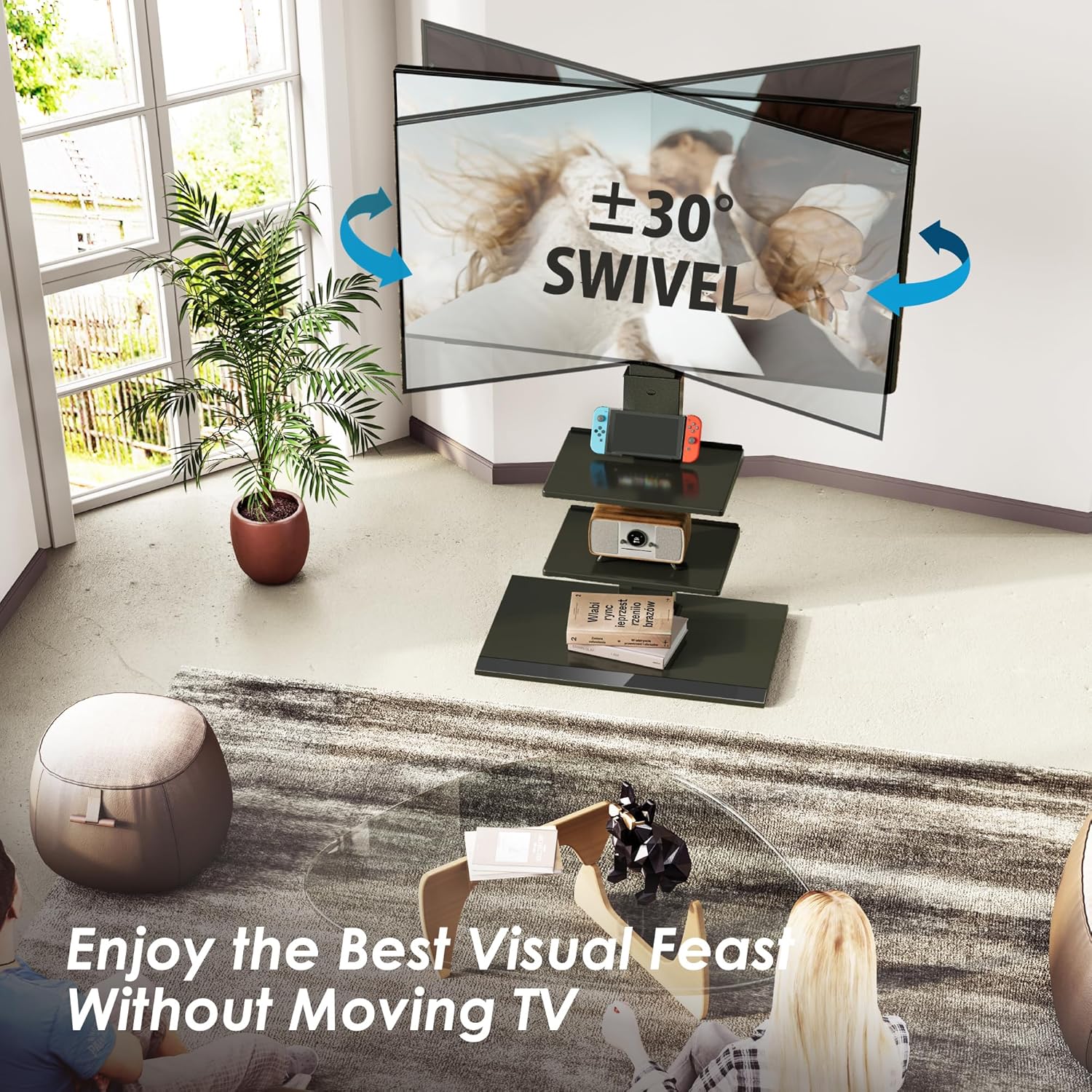 Image illustrating the 30-degree swivel feature of the TV stand