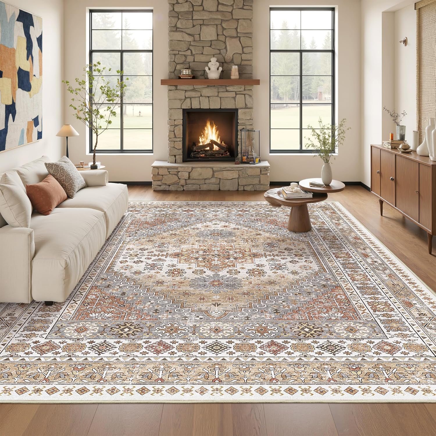 Washable Rugs 8x10 Area Rugs for Living Room, Non-Slip Backing Large Rug for Nursery Room, Vintage Floral Bedroom Rugs, Thin Indoor Home Decor Soft Farmhouse Rug (Orange,8'x10') Orange 8' x 10' (Rectangular)