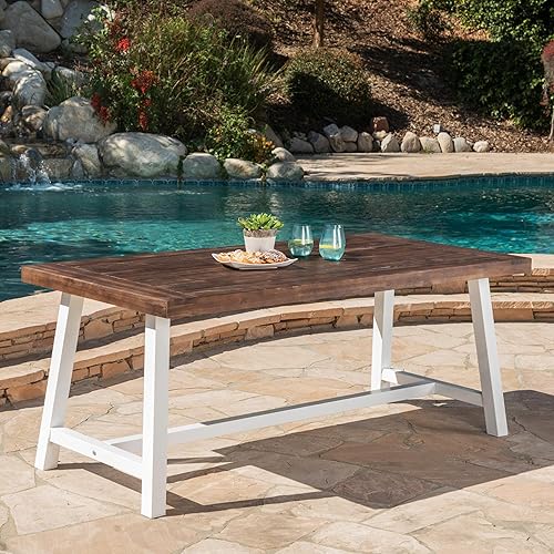 Miniatura 5 de Mesa de comedor de madera de chorro de arena marrón oscuro al aire libre con metal rústico blanco e