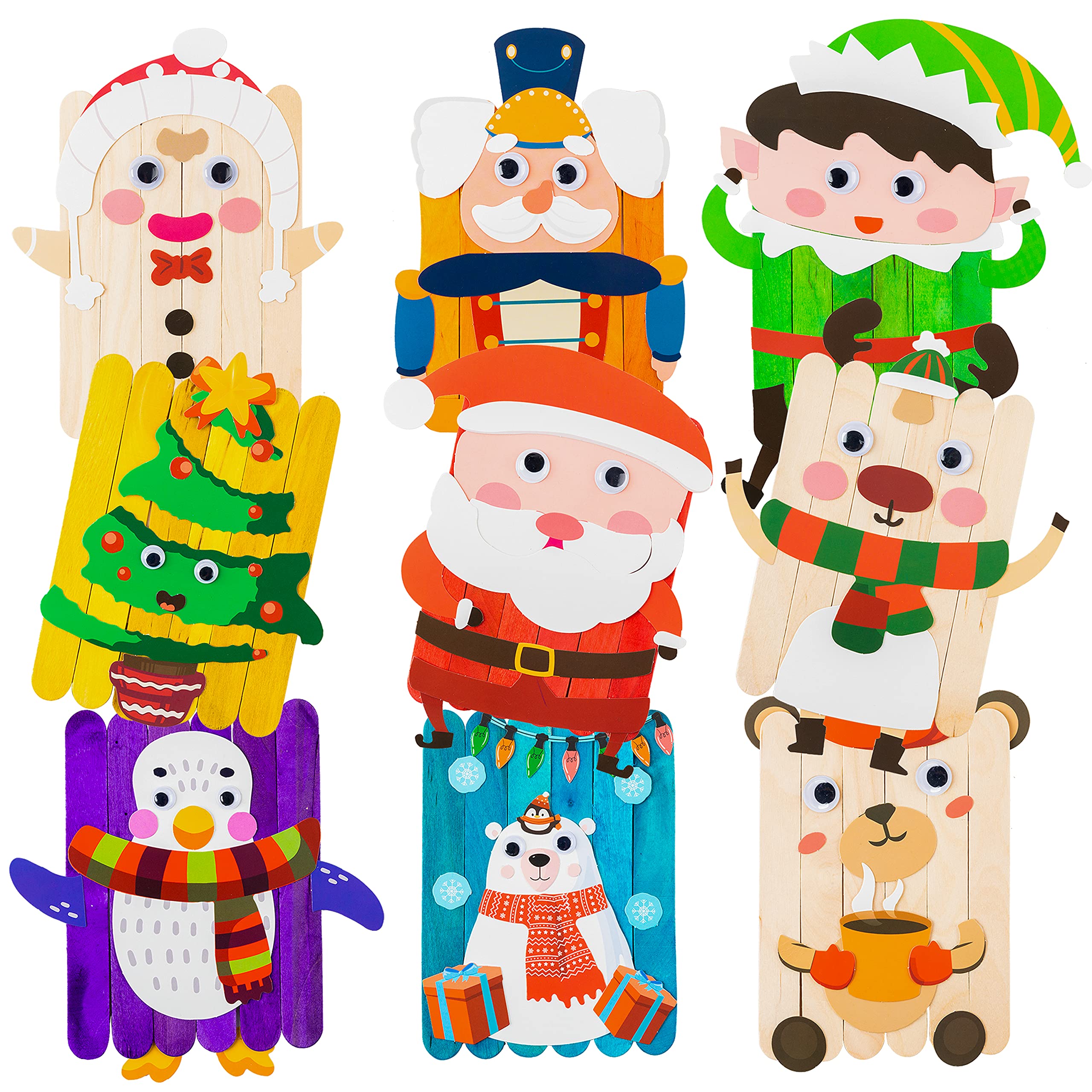 PANTIDE 12Pcs DIY Wooden Sticks Art Ornament Crafts Kit for Kids, Creative Handmade Projects Christmas Tree Decorations with Santa Claus, Gift for Home Classroom Christmas Theme Party Favors