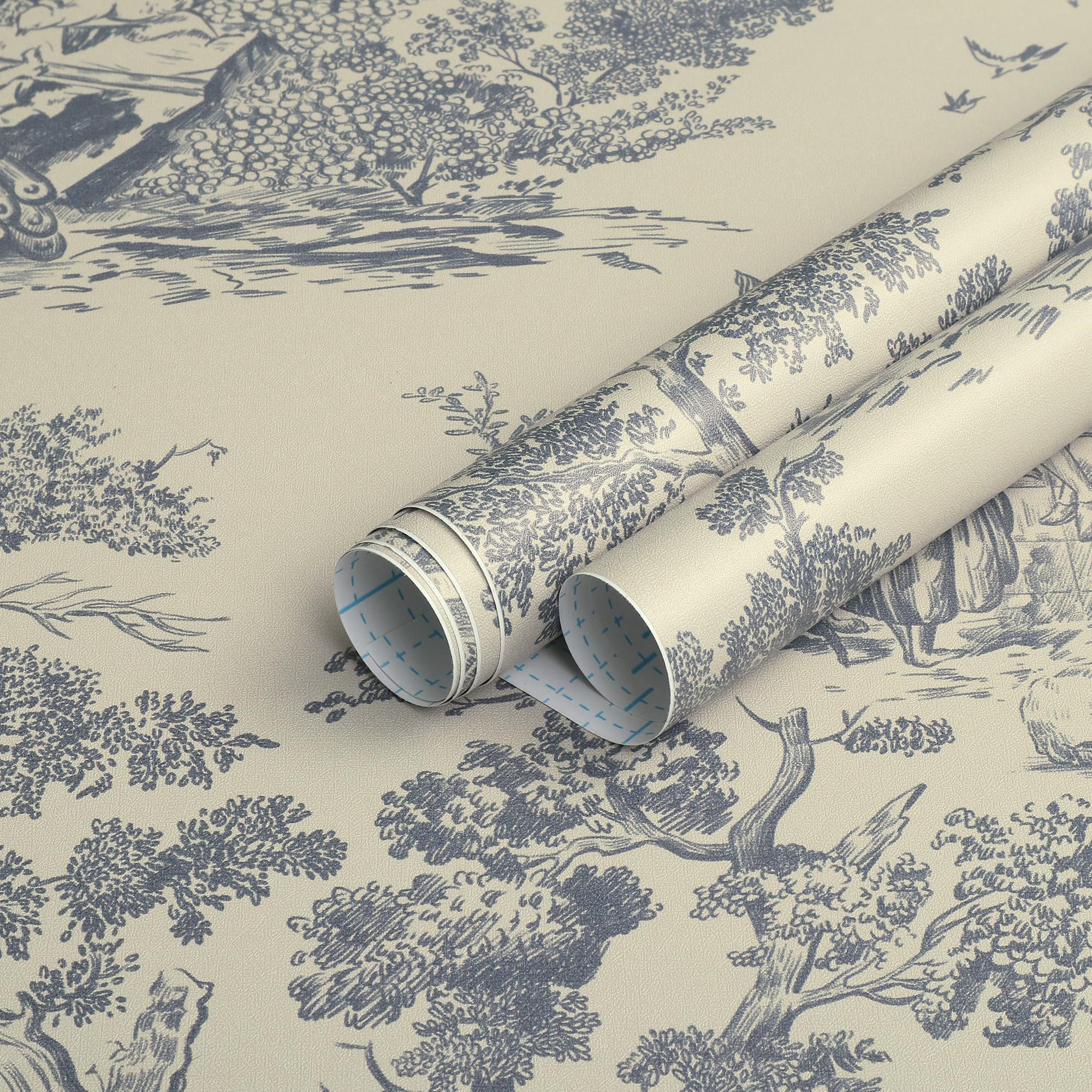 Papel tapiz autoadhesivo azul y beige, 41 cm x 10 m, papel tapiz vintage para despegar y pegar, papel tapiz de árbol y animales, papel tapiz de vinilo impermeable para sala de estar, muebles de