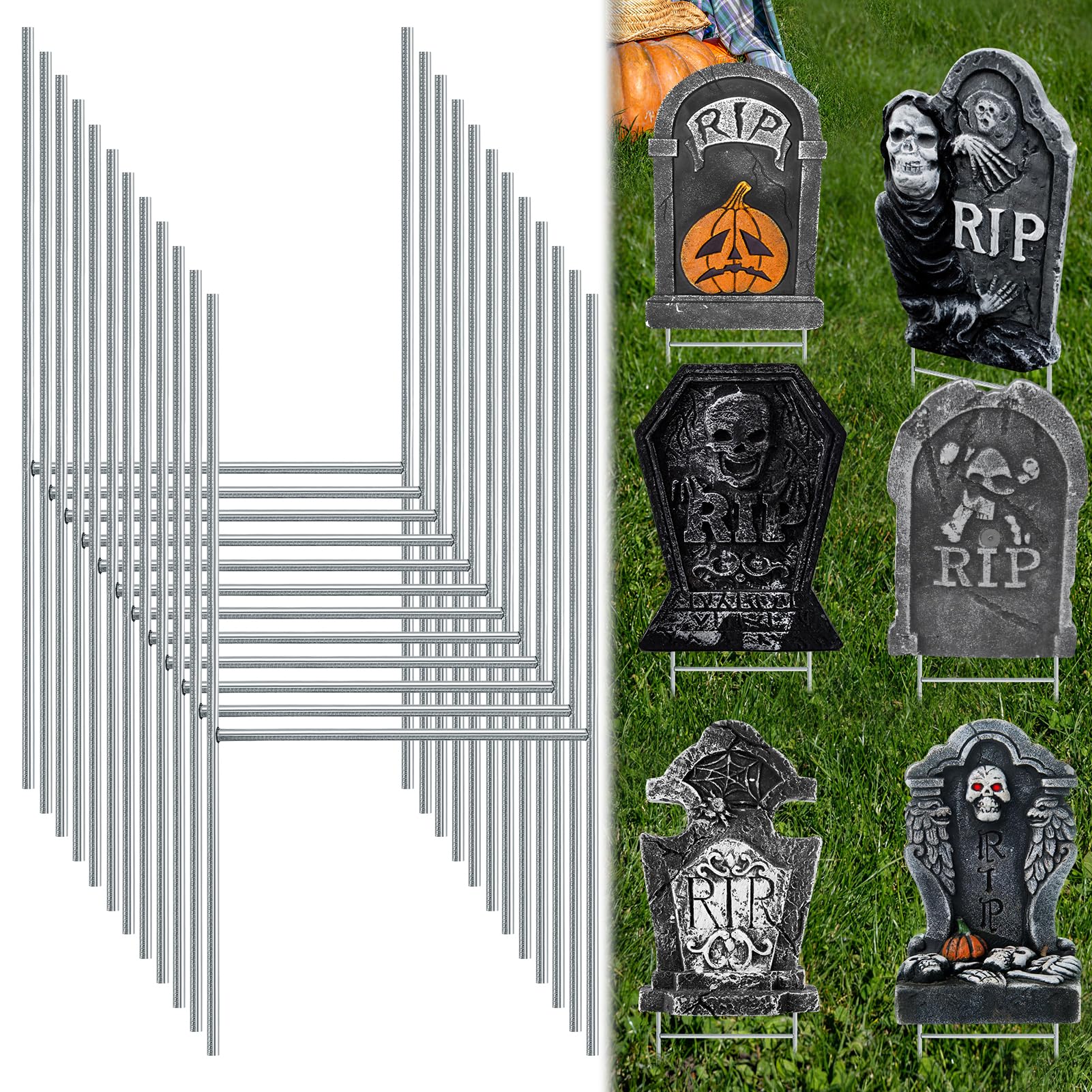 12 Pcs Halloween Tombstone Metal Stakes - Foam Graveyard Stakes H- Shaped Ground Stakes for Halloween Tombstone Indoor and Yard Garden Lawn Outdoor Decorations