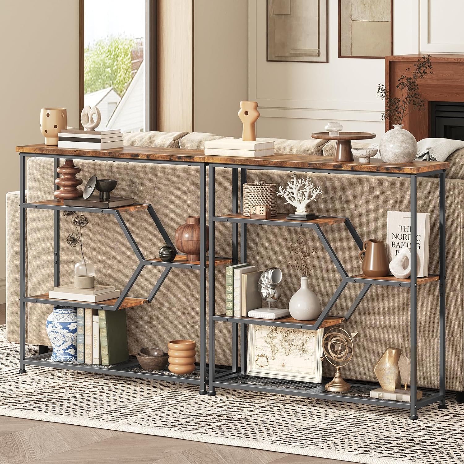 Console Table, 31.5'' Narrow Long Entryway Table, 5-Tier Thin Sofa Table with Open Storage Shelves, Foyer Table for Hallway, Entrance, Living Room, Bedroom, Rustic Brown and Black CTHR13101