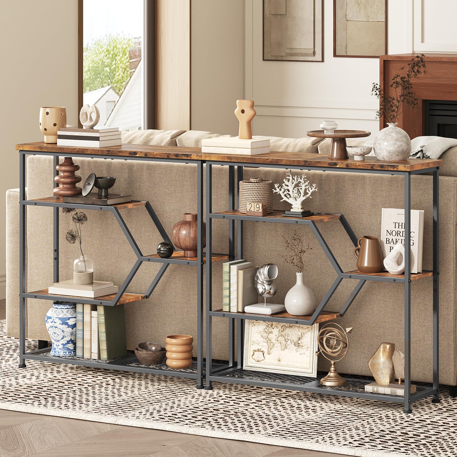 MAHANCRIS 5-stufiger Konsolentisch, Schmal Beistelltisch, 80 cm Sofatisch, Eingangstisch im Industrie-Stil, Metallrahmen, für Wohnzimmer, Eingangsbereich, Flur, Vintagebraun und Schwarz ACTHR13101