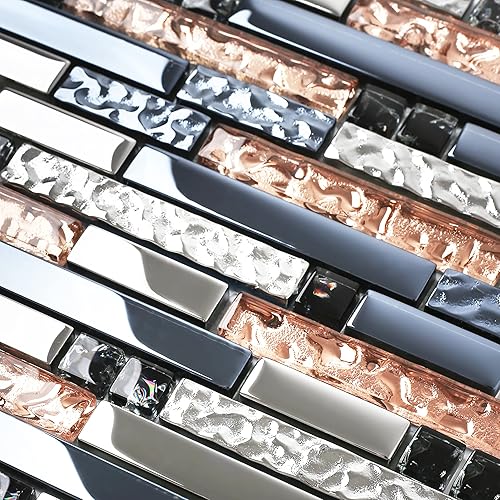 Miniatura 7 de Blujellyfish Azulejos de mosaico de vidrio de cristal de oro rosa entrelazado cromado plateado negro tinta azul mosaico baño cocina chimenea