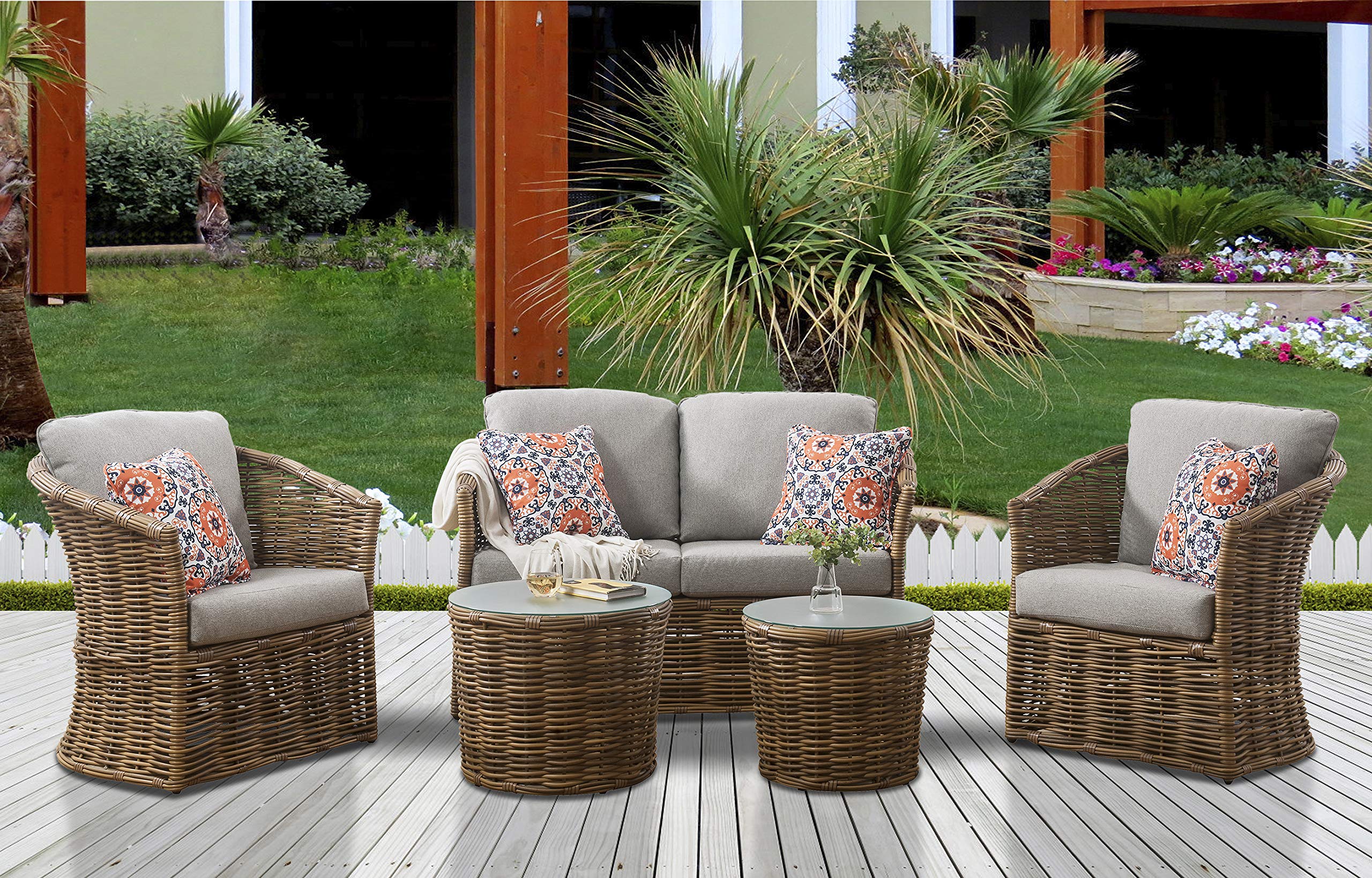 Mōd Furniture Lexi 5-Piece Boho Conversation Set with Hand Woven All-Weather Rattan Wicker, Loveseat