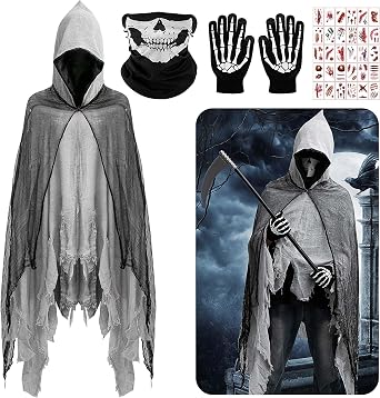 Watayo Halloween Hooded Mesh Cloak with Mask Gloves, Scary Grim Reaper Cloak Cosplay Costume, Gothic Wizard Cape Gauze Robe