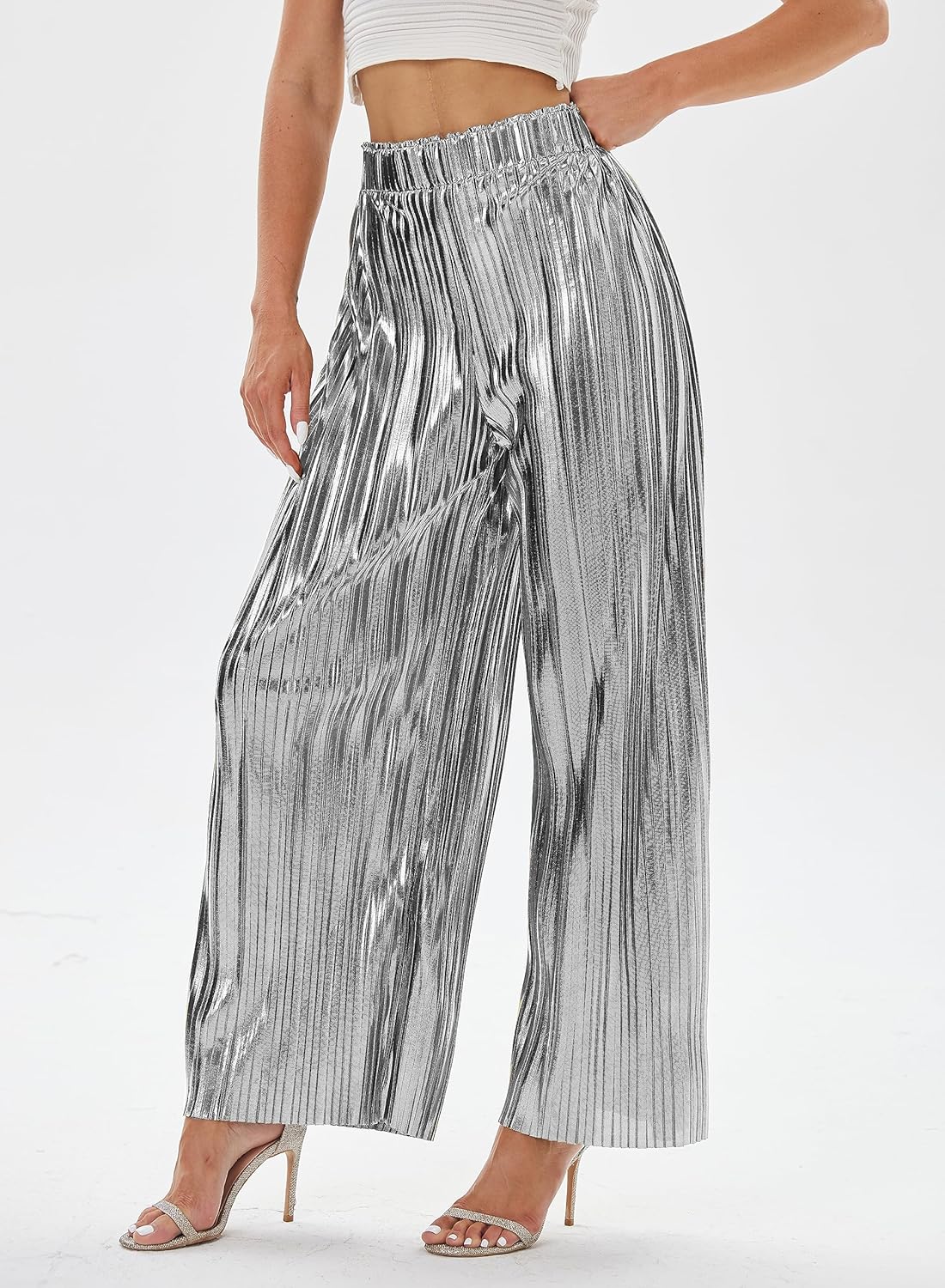 zsangbee Women's Metallic Sparkle Wide Leg Sequin Shiny Pants Party Club Casual Silver Gold Pants - Image 2