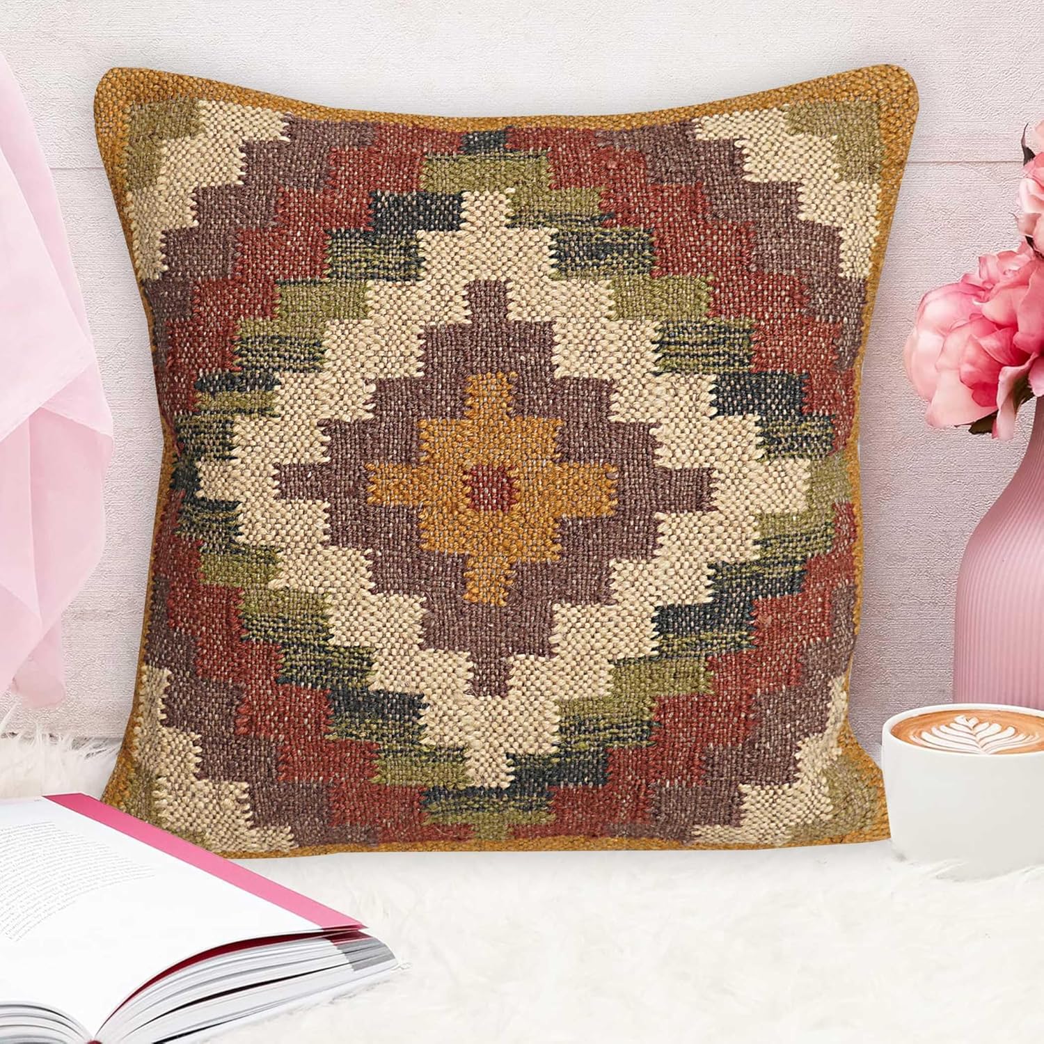 Indian Handmade Decorative Throw Cushion Case 18x18 Inches Square Pillow Case Wool Cushion Cover Kilim Pillow Cover Premium Rug Cushion Case for Home Decor (Pattern 12)
